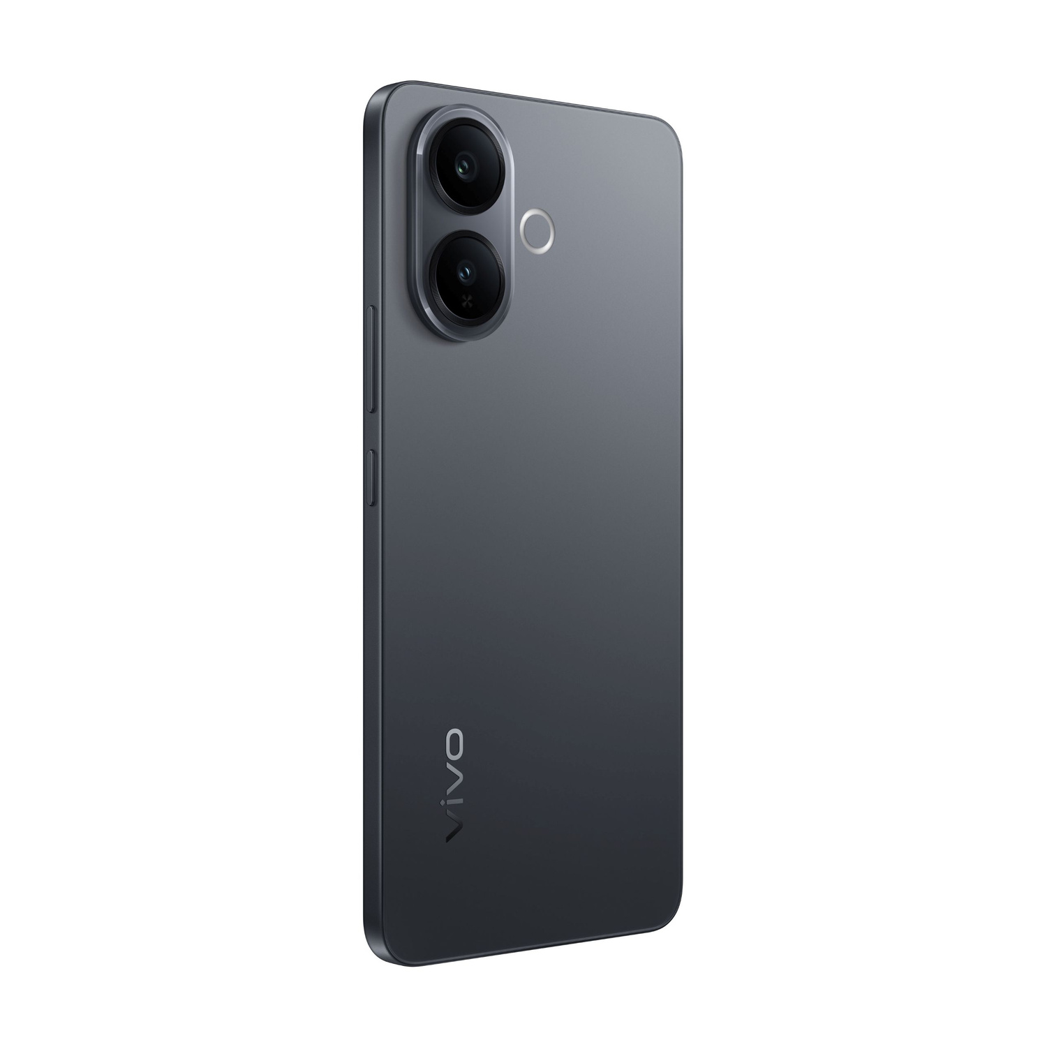Smartphone grigio scuro con due fotocamere posteriori e sensore di impronte digitali.
