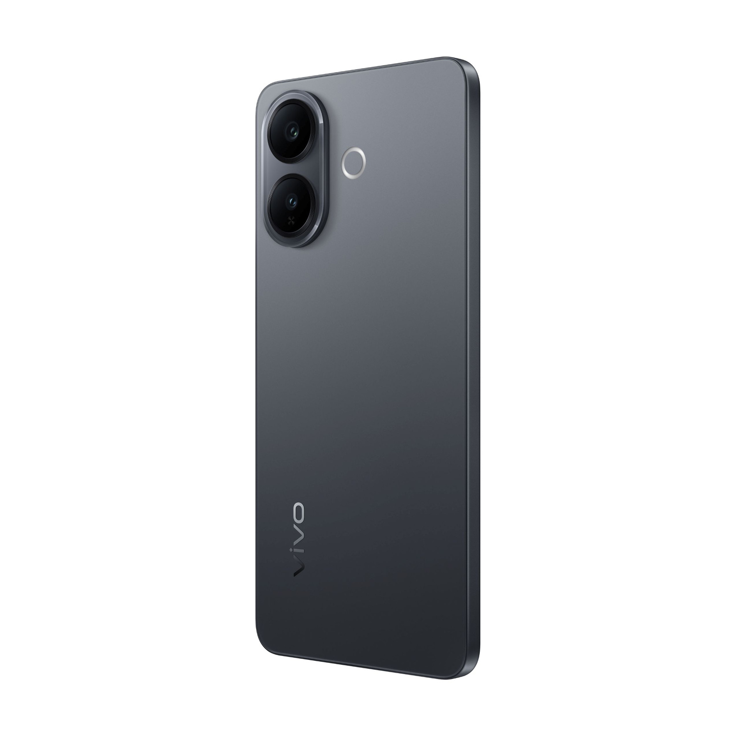 Smartphone grigio scuro con due fotocamere e logo Vivo sul retro.