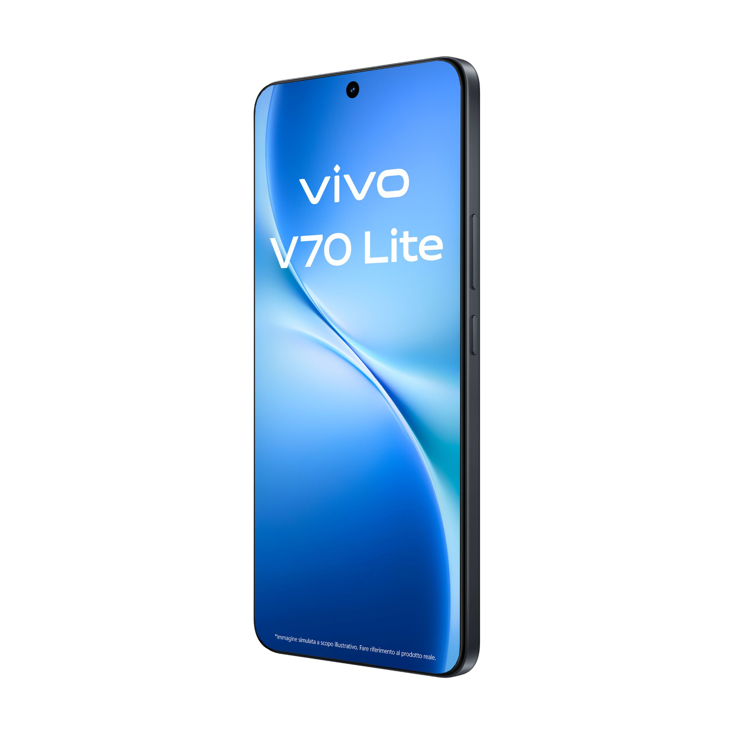 Uno smartphone nero Vivo V70 Lite con sfumatura blu sullo schermo.