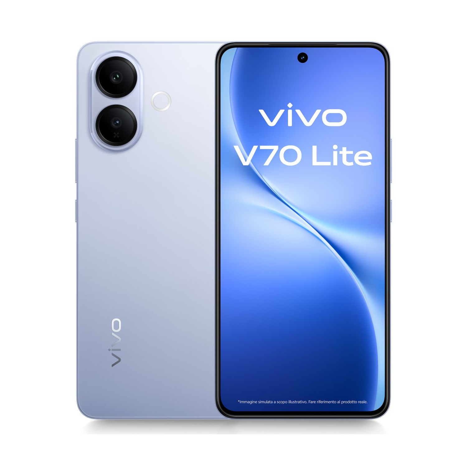 Uno smartphone Vivo V70 Lite azzurro con doppia fotocamera posteriore.