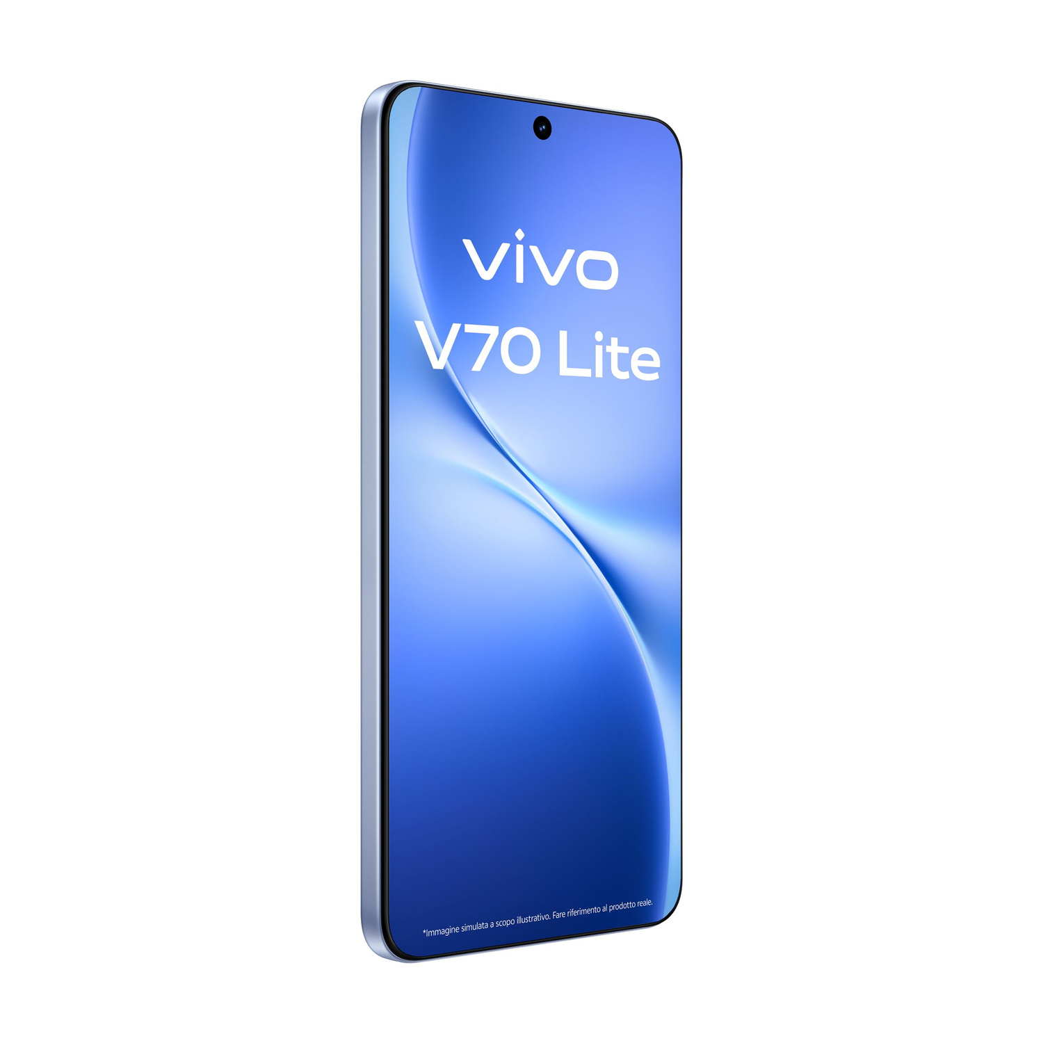 Uno smartphone Vivo V70 Lite blu con un motivo a onde sullo schermo.