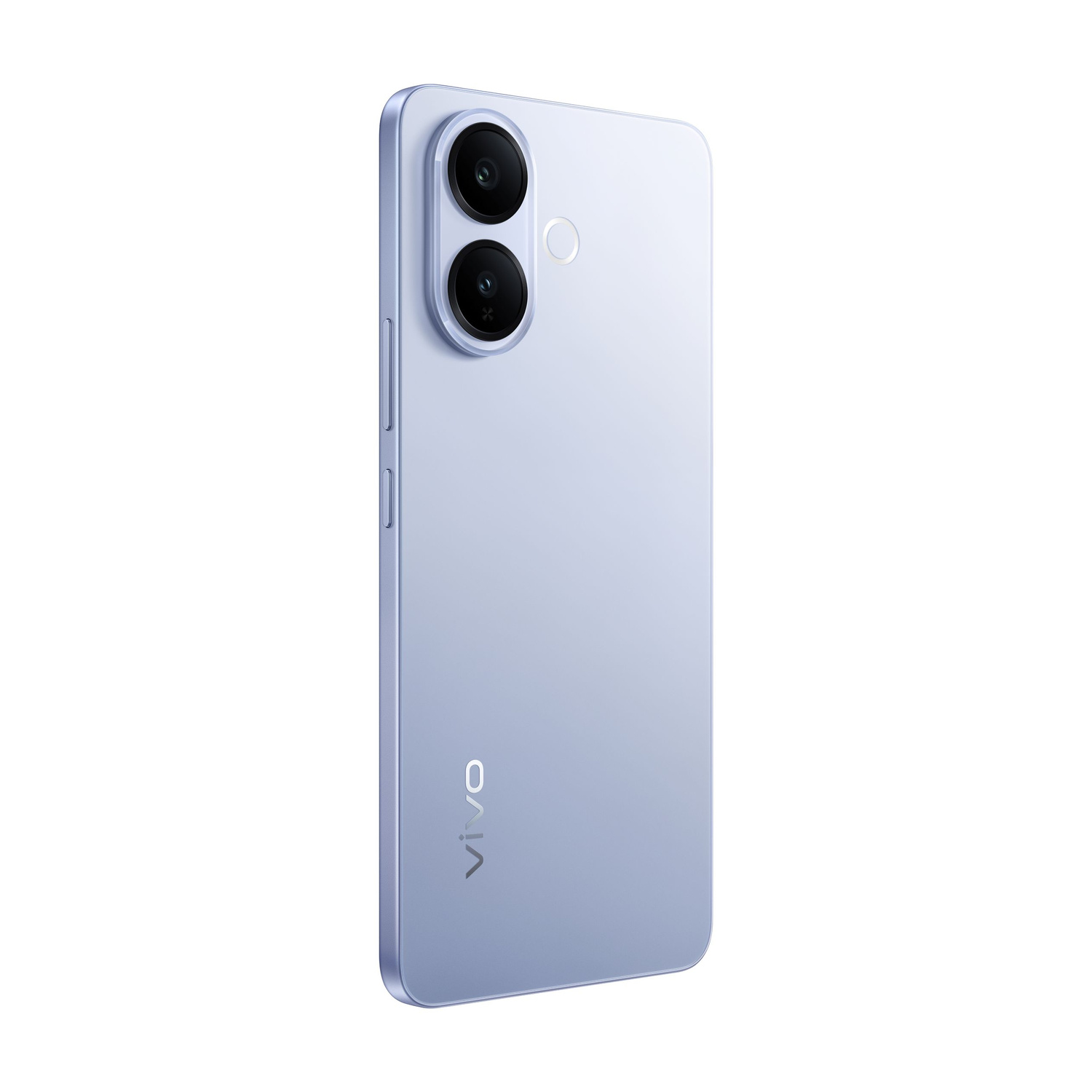Uno smartphone blu chiaro con due fotocamere e logo Vivo, su sfondo bianco.