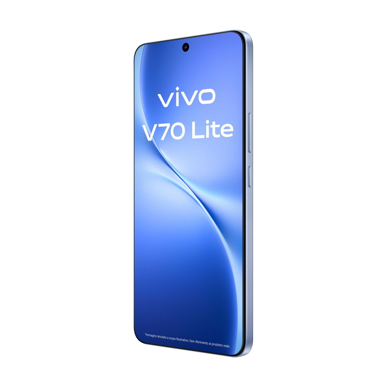 Uno smartphone Vivo V70 Lite azzurro con sfondo blu.