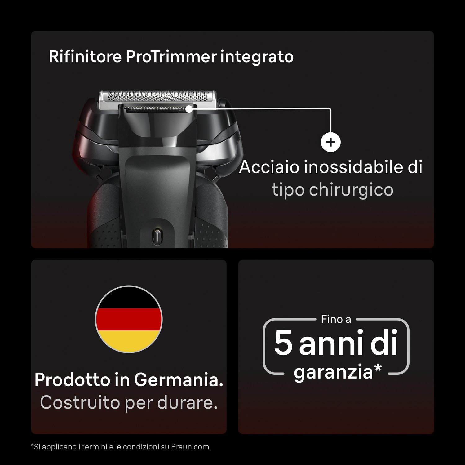Rasoio nero con ProTrimmer, bandiera tedesca e 5 anni di garanzia.