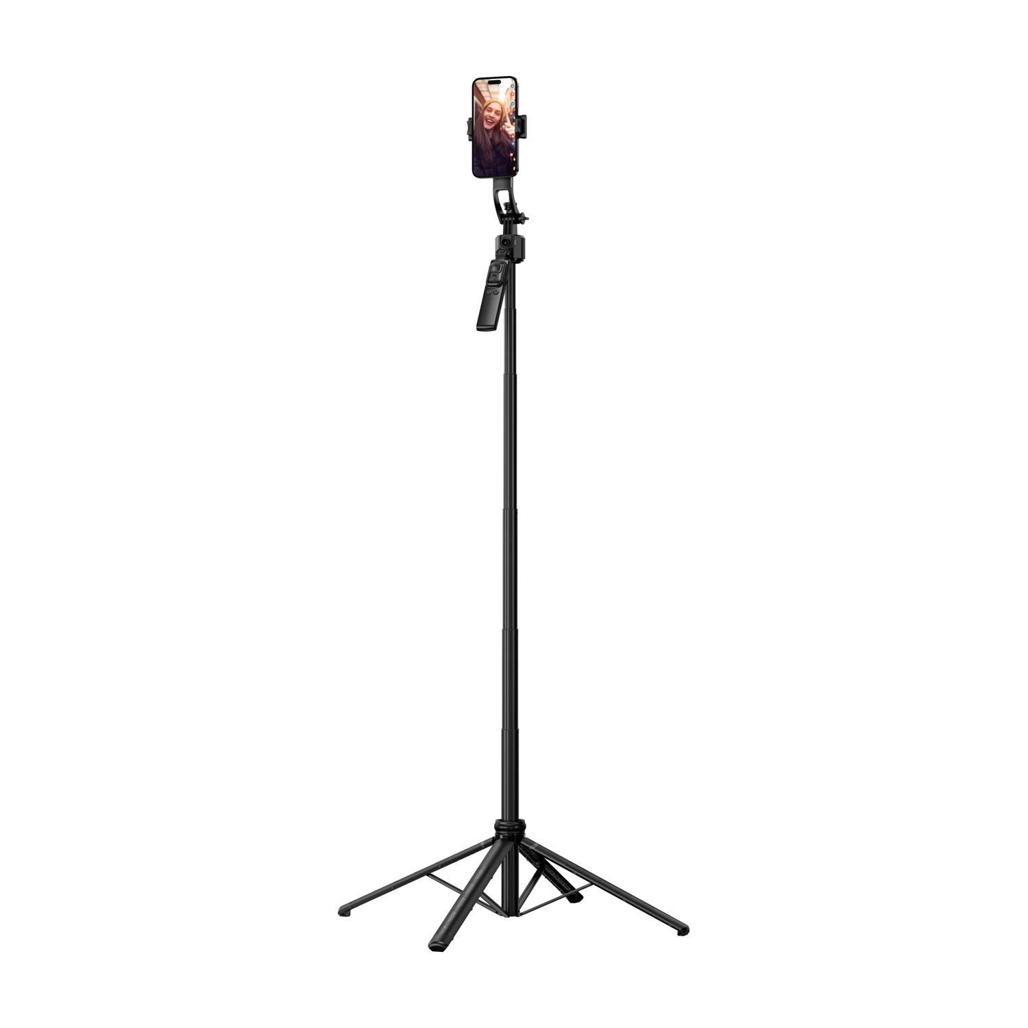 Un treppiede nero con uno smartphone che scatta un selfie.