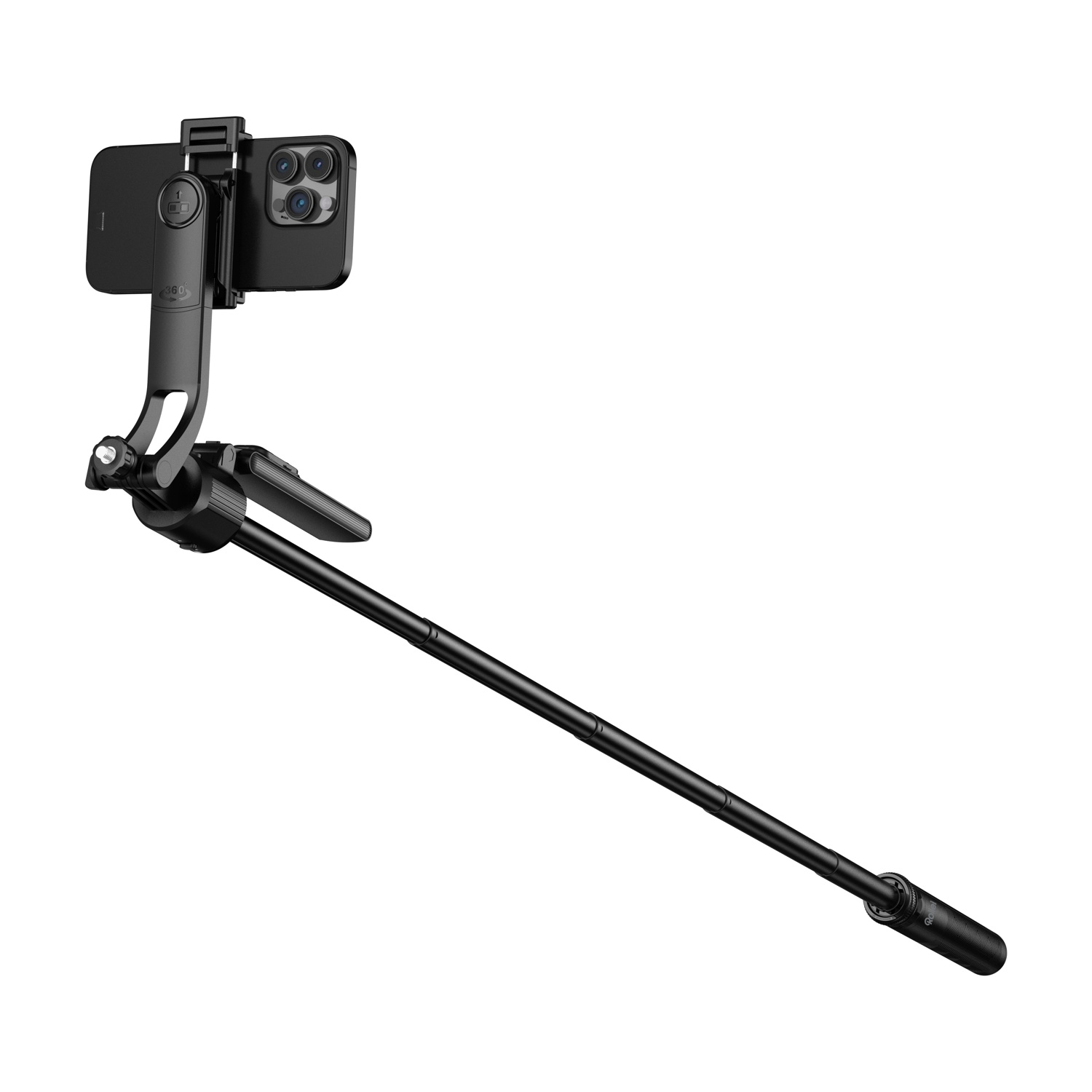 Un selfie stick nero estensibile con smartphone e treppiede attaccati.