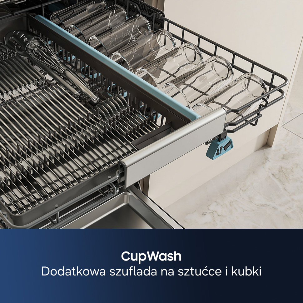 Szuflada zmywarki z kieliszkami, sztućcami i trzepaczką. Górna szuflada zmywarki.