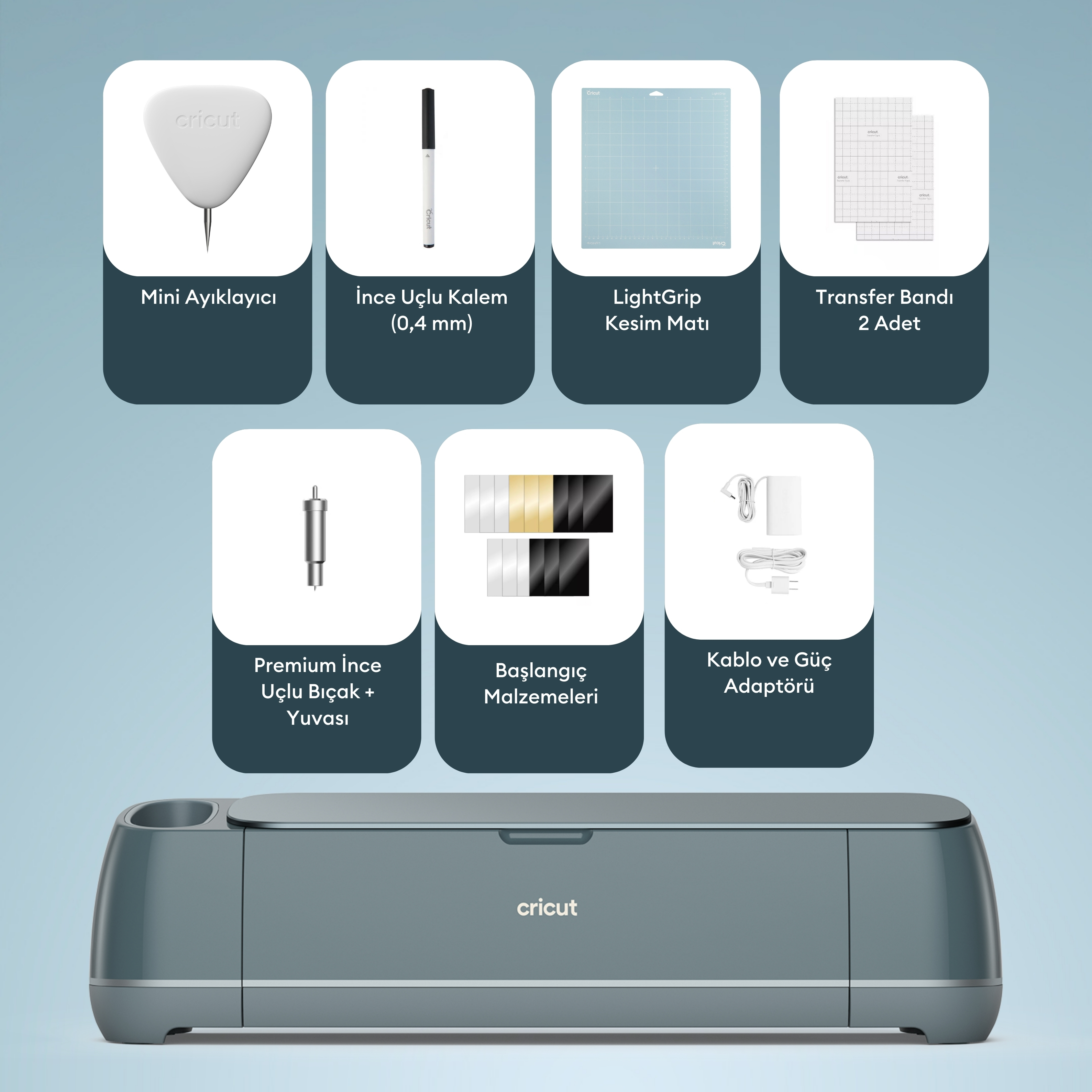Cricut makinesi ve aksesuarları: mini ayıklayıcı, kalem, mat, bıçak, malzemeler, kablo.