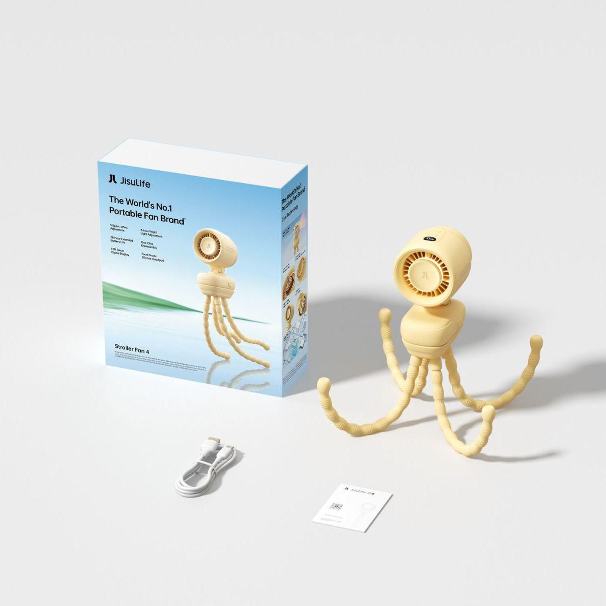 Ein gelber, tintenfischförmiger Ventilator steht neben seiner Verpackung und einem USB-Kabel.