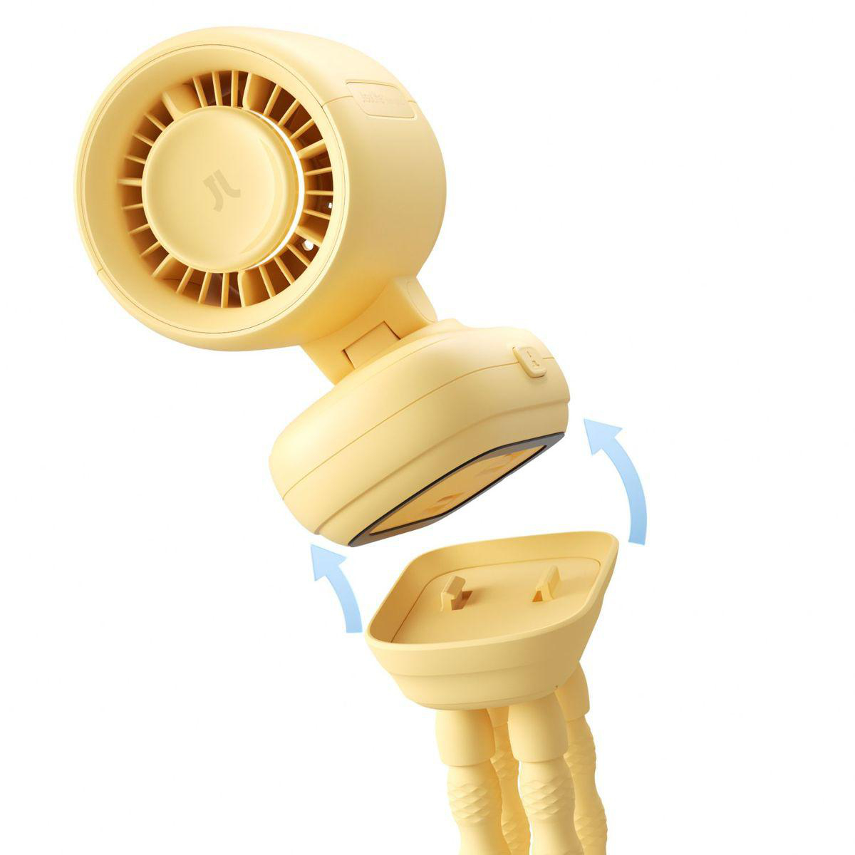 Ein gelber Ventilator mit verstellbarem Kopf über einem Halter mit drei Beinen.