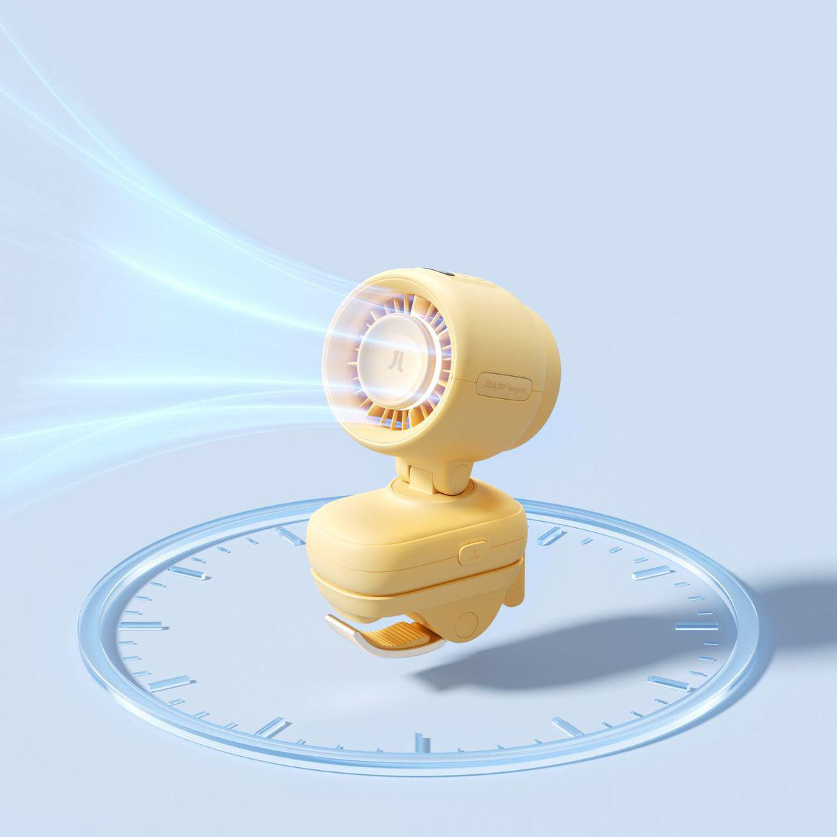 Ein gelber Ventilator mit Luftstrom auf blauem Hintergrund, der auf einem Zeitmesserkreis steht.