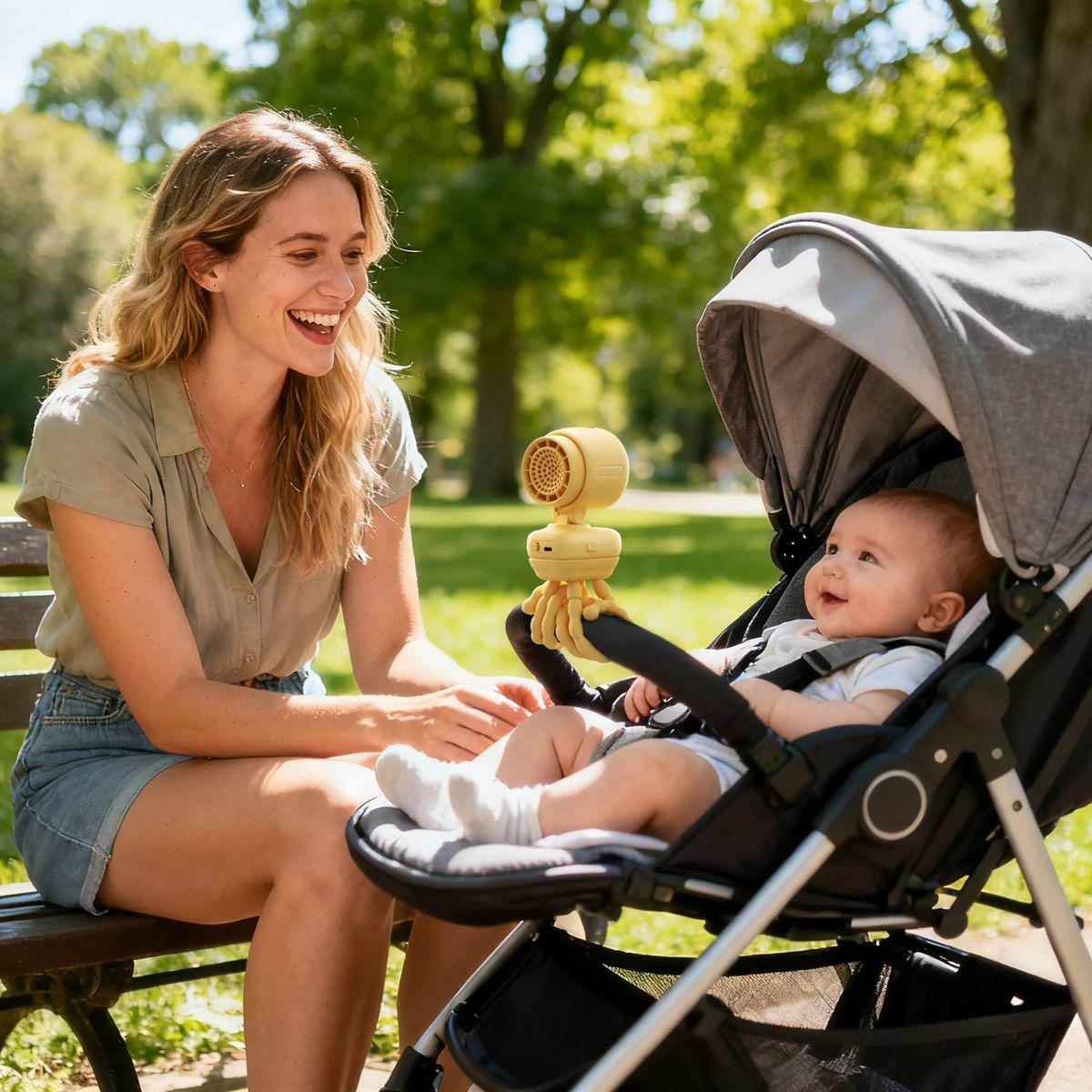 Eine lächelnde Frau sitzt neben einem Kinderwagen mit einem Baby und einem gelben Ventilator.