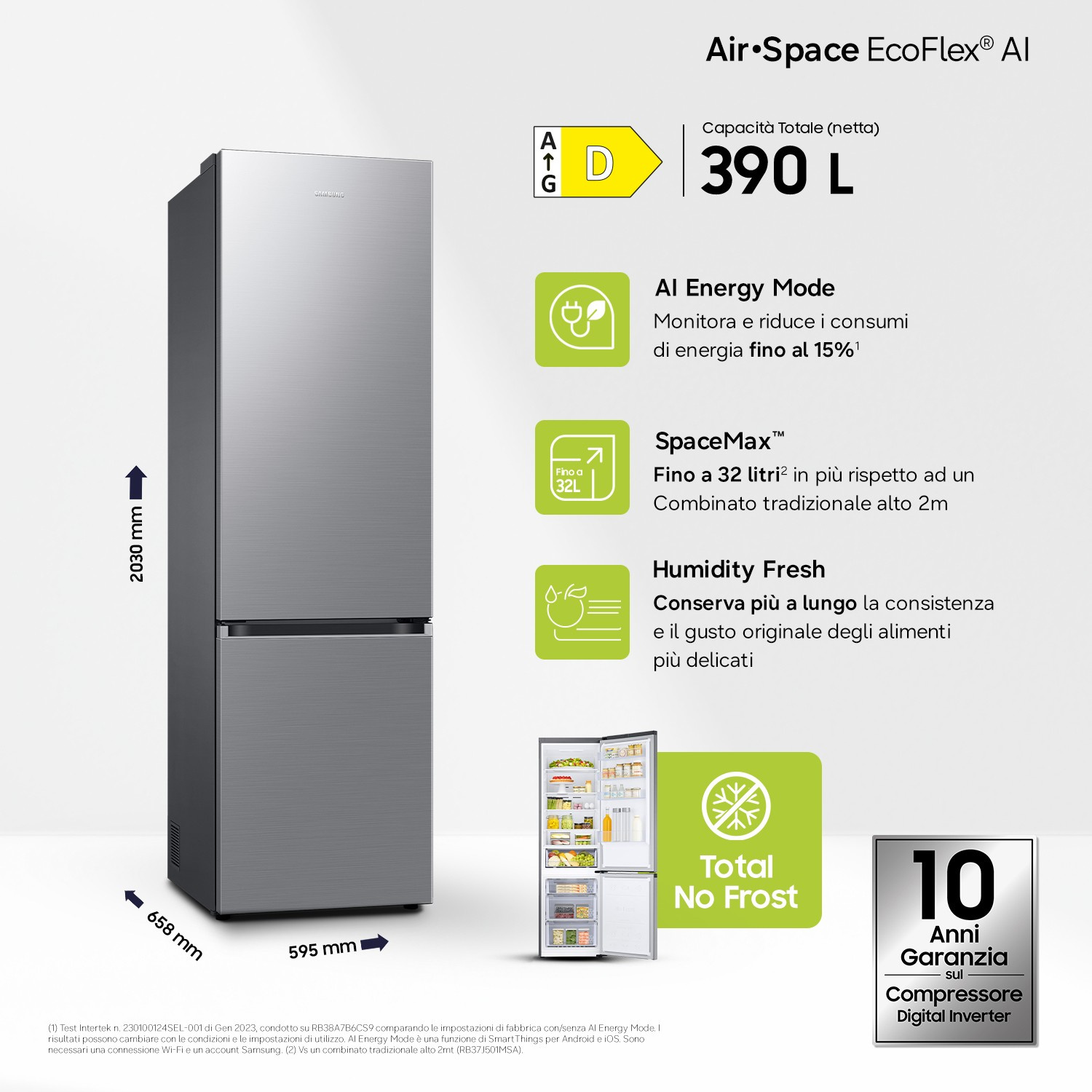 Frigorifero Samsung argento, classe D, 390L, con funzioni AI Energy Mode e Total No Frost.