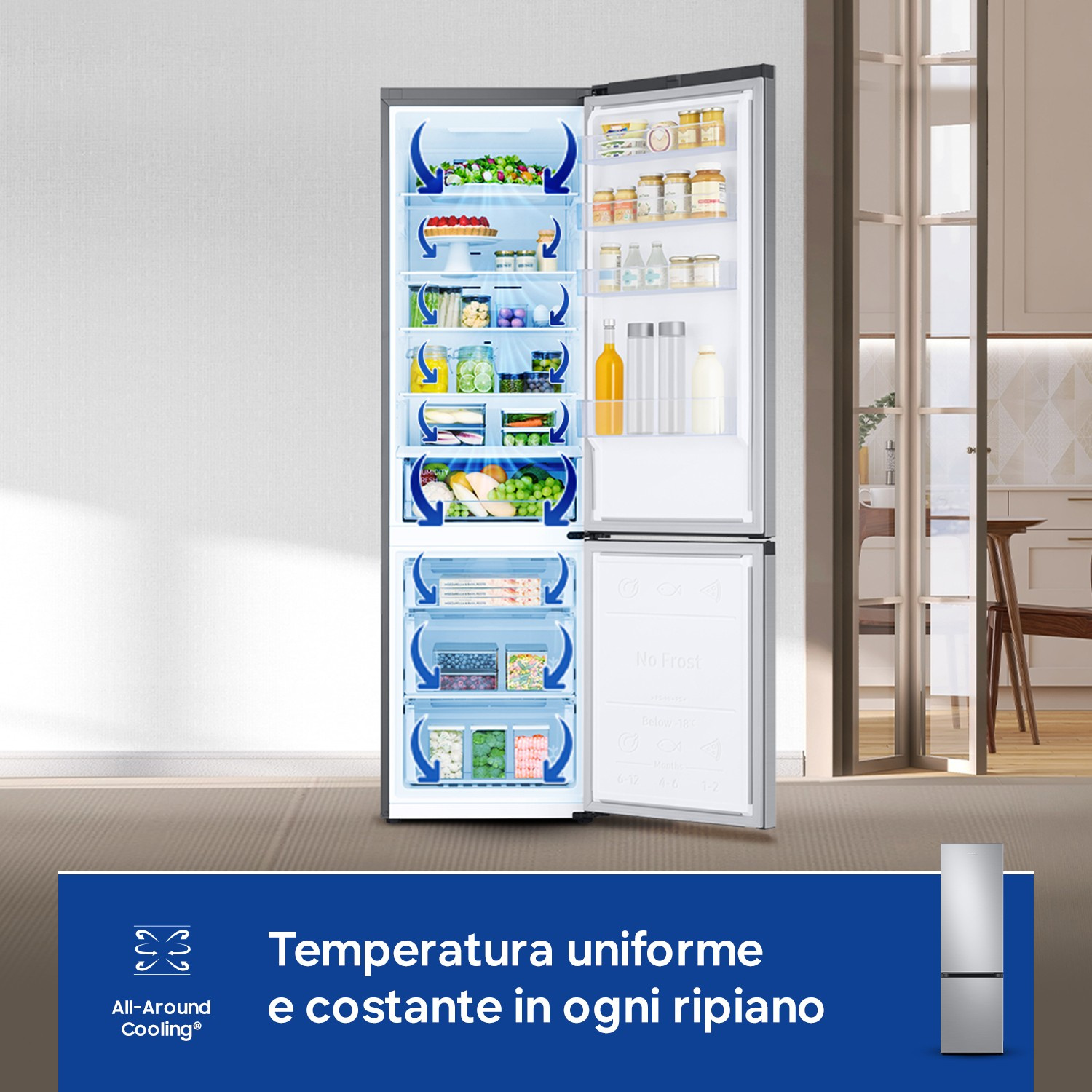 Un frigorifero aperto pieno di cibo, con frecce che indicano la circolazione dell'aria fredda.