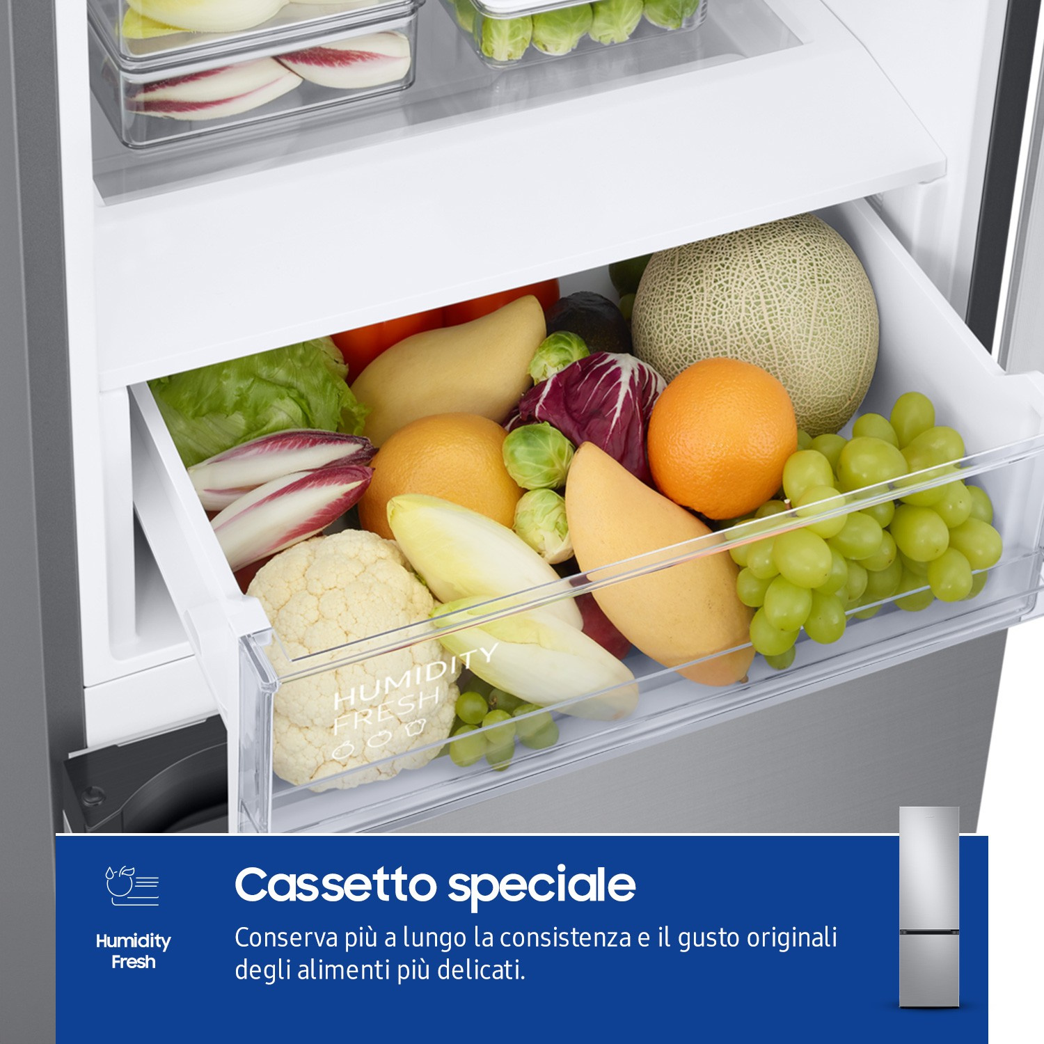 Un cassetto del frigorifero pieno di vari frutti e verdure.