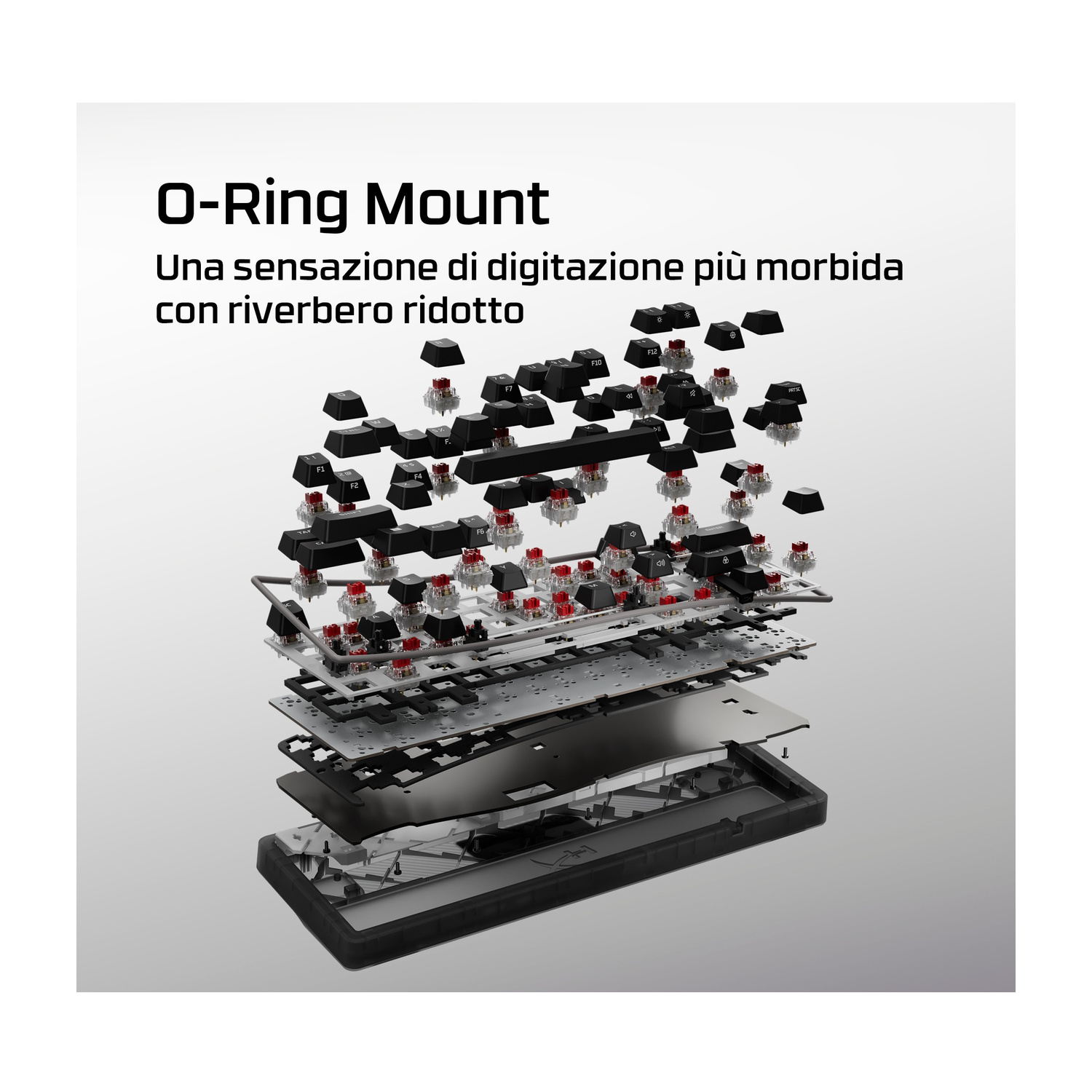 Vista esplosa di una tastiera con montaggio O-ring e switch rossi.