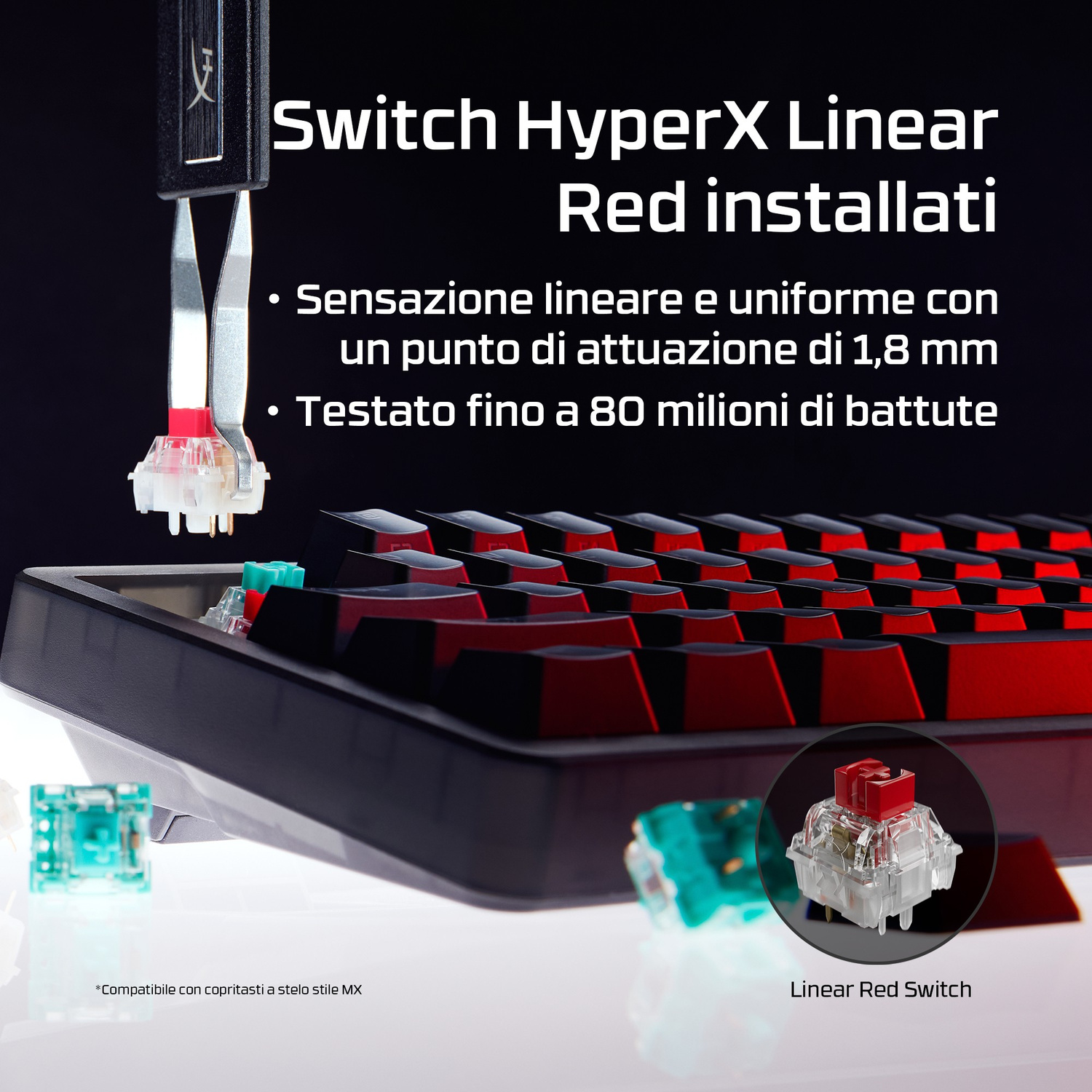 Switch HyperX Linear Red installati, focus su tastiera e switch.