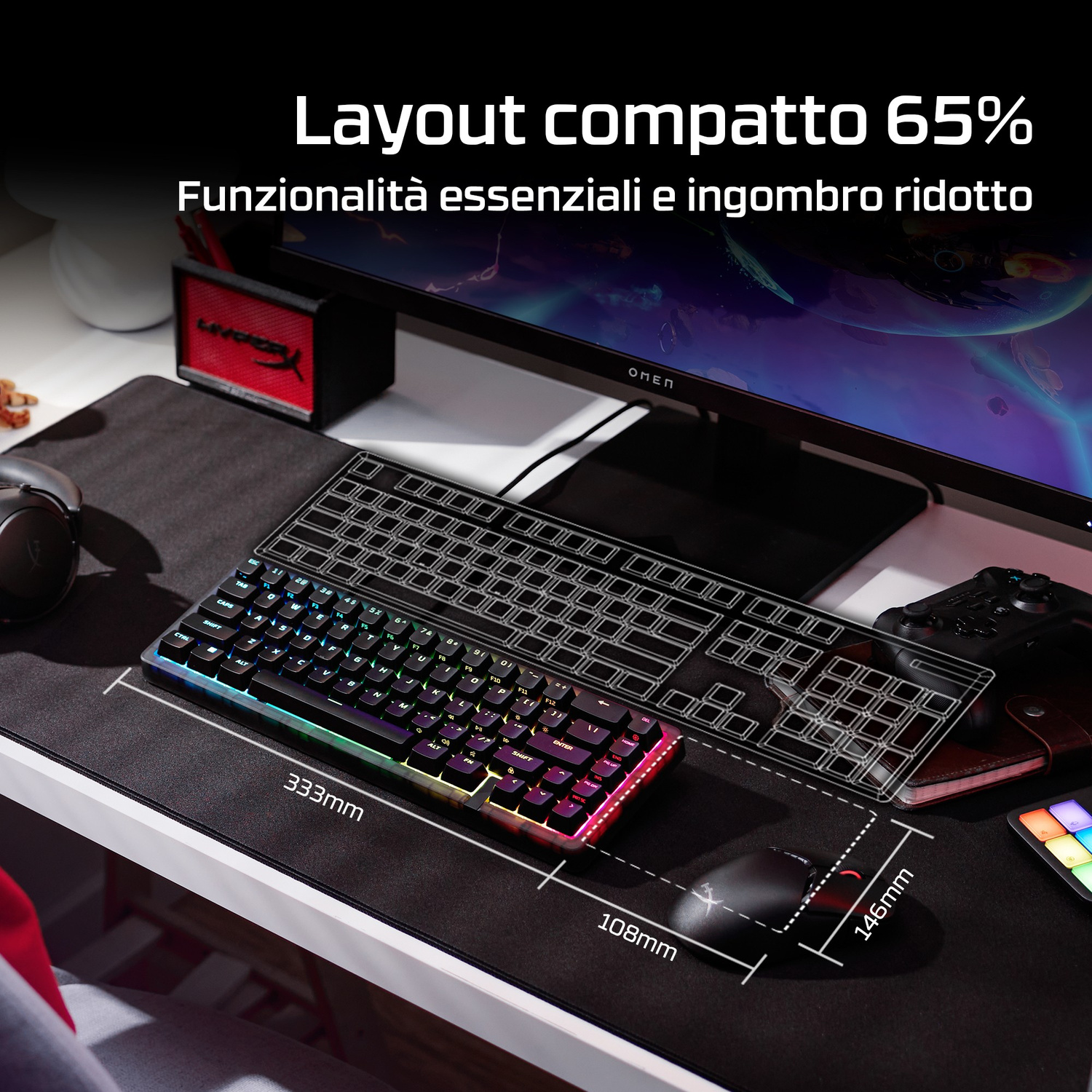 Un setup gaming compatto 65% con tastiera, mouse e monitor, illuminazione RGB.
