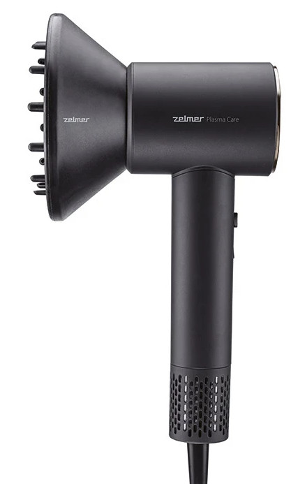 Czarna suszarka do włosów z dyfuzorem i logo "zelmer Plasma Care".