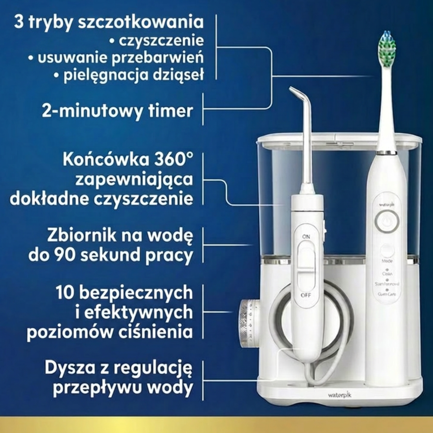 Biały zestaw irygatora i szczoteczki sonicznej z pojemnikiem na wodę.