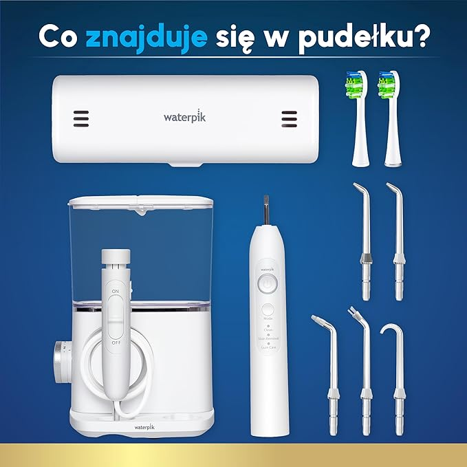Biały zestaw do higieny jamy ustnej Waterpik z końcówkami i główkami.