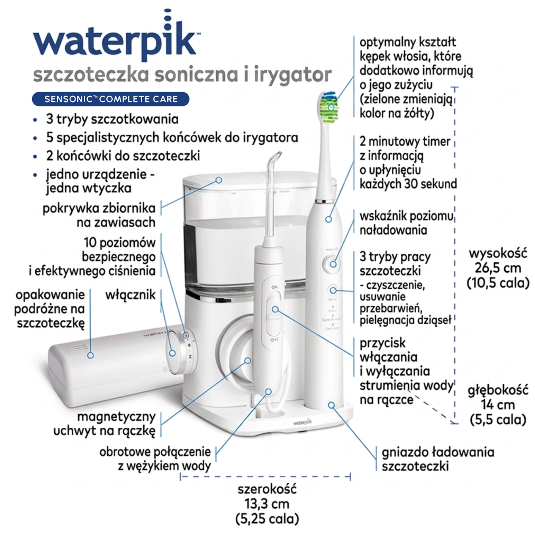 Zestaw szczoteczki sonicznej i irygatora Waterpik z akcesoriami, szczegółowe wymiary i funkcje.