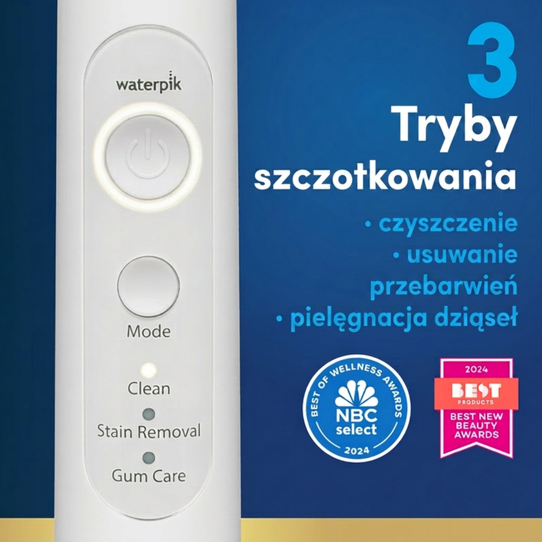 Biały Waterpik z trzema trybami czyszczenia i nagrodami. Niebieski napis.