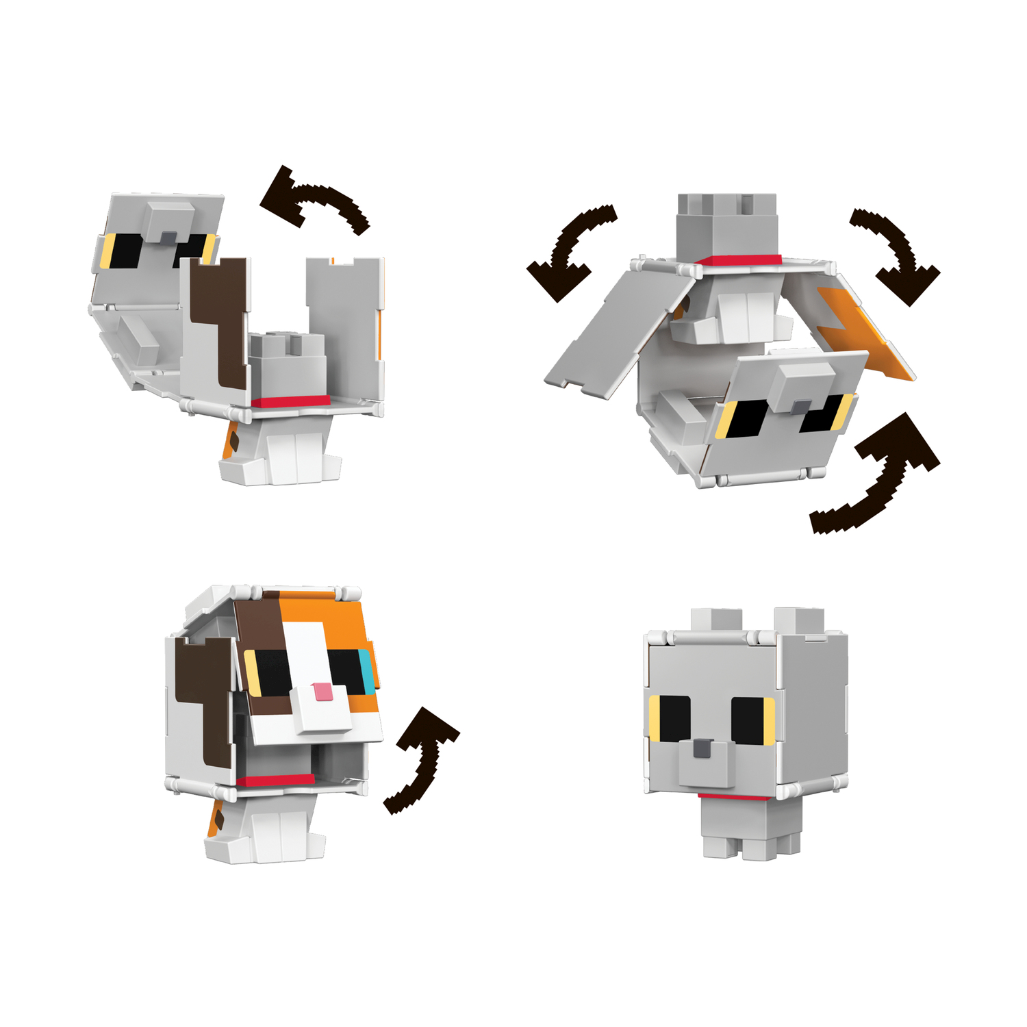 Quattro figure stilizzate di animali pixel con frecce che indicano trasformazioni.