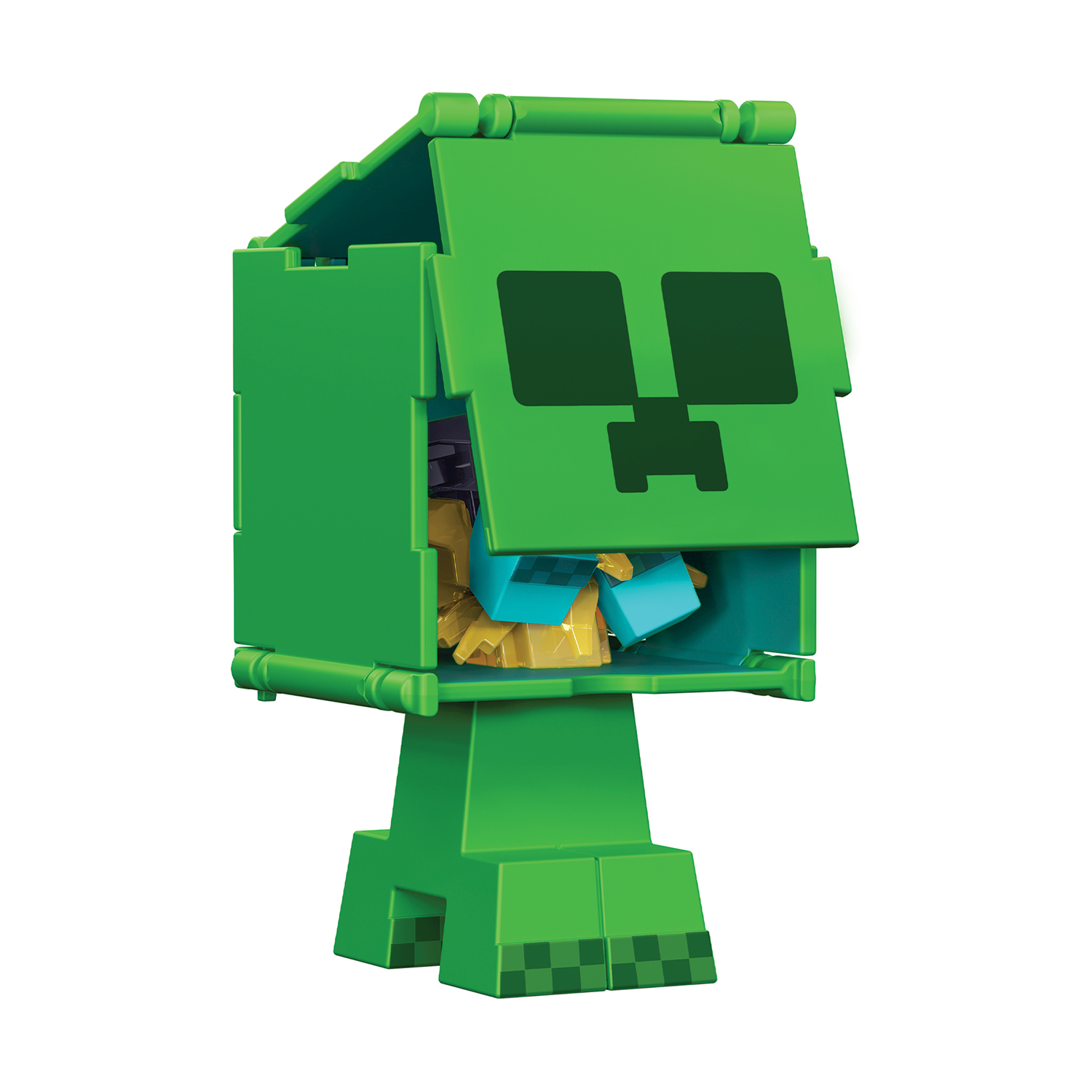 Creeper verde Minecraft con testa aperta che rivela blocchi dorati e blu.