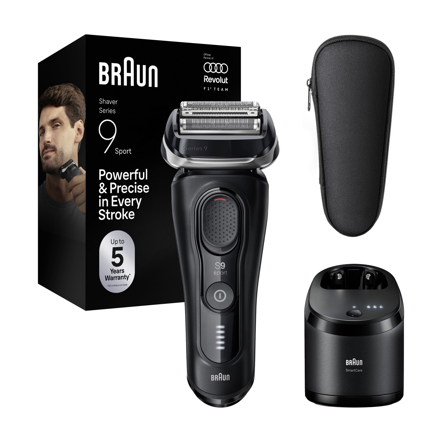 Rasoio Braun Series 9 Sport, base di ricarica, custodia e scatola.