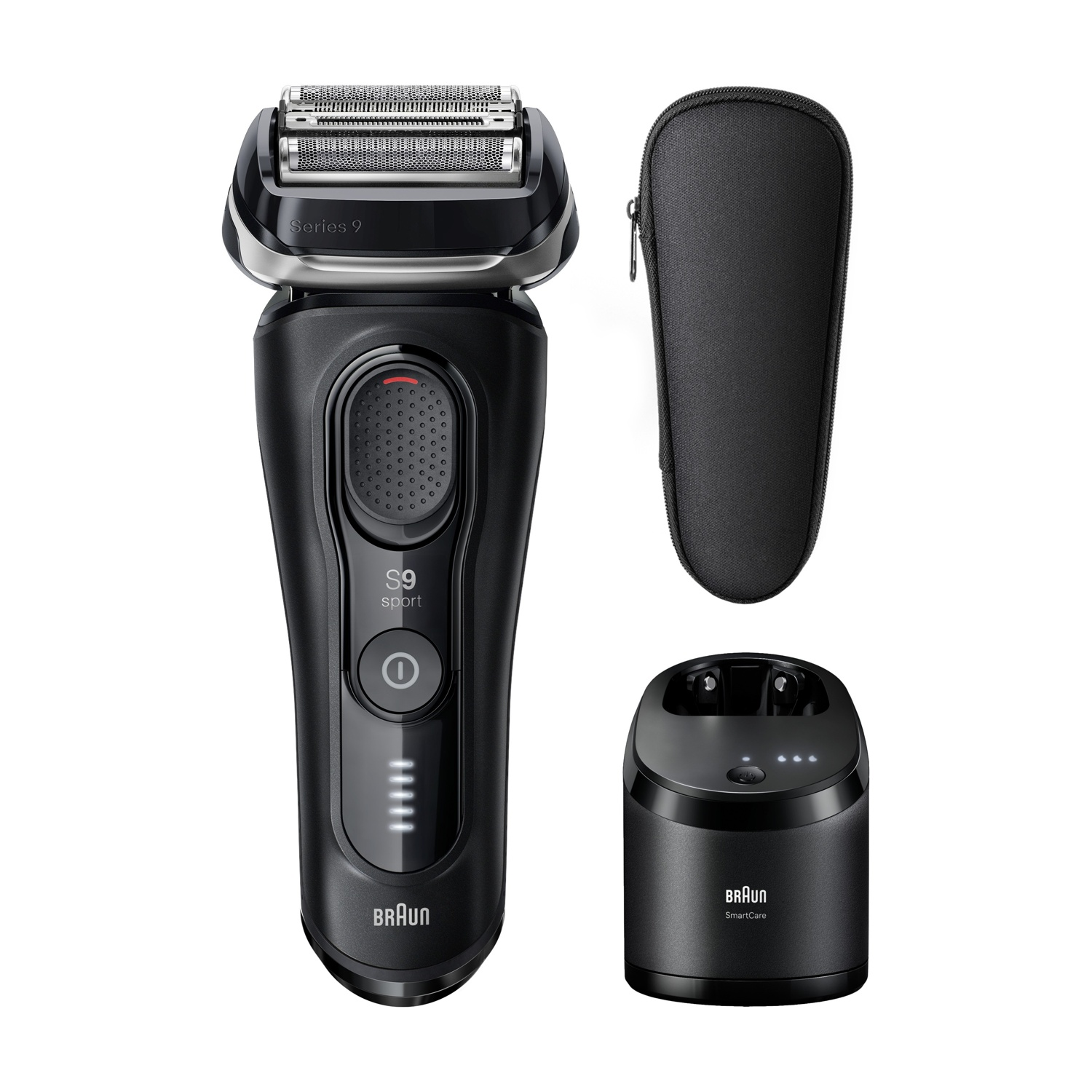 Rasoio elettrico Braun Series 9 nero con caricabatterie e custodia.