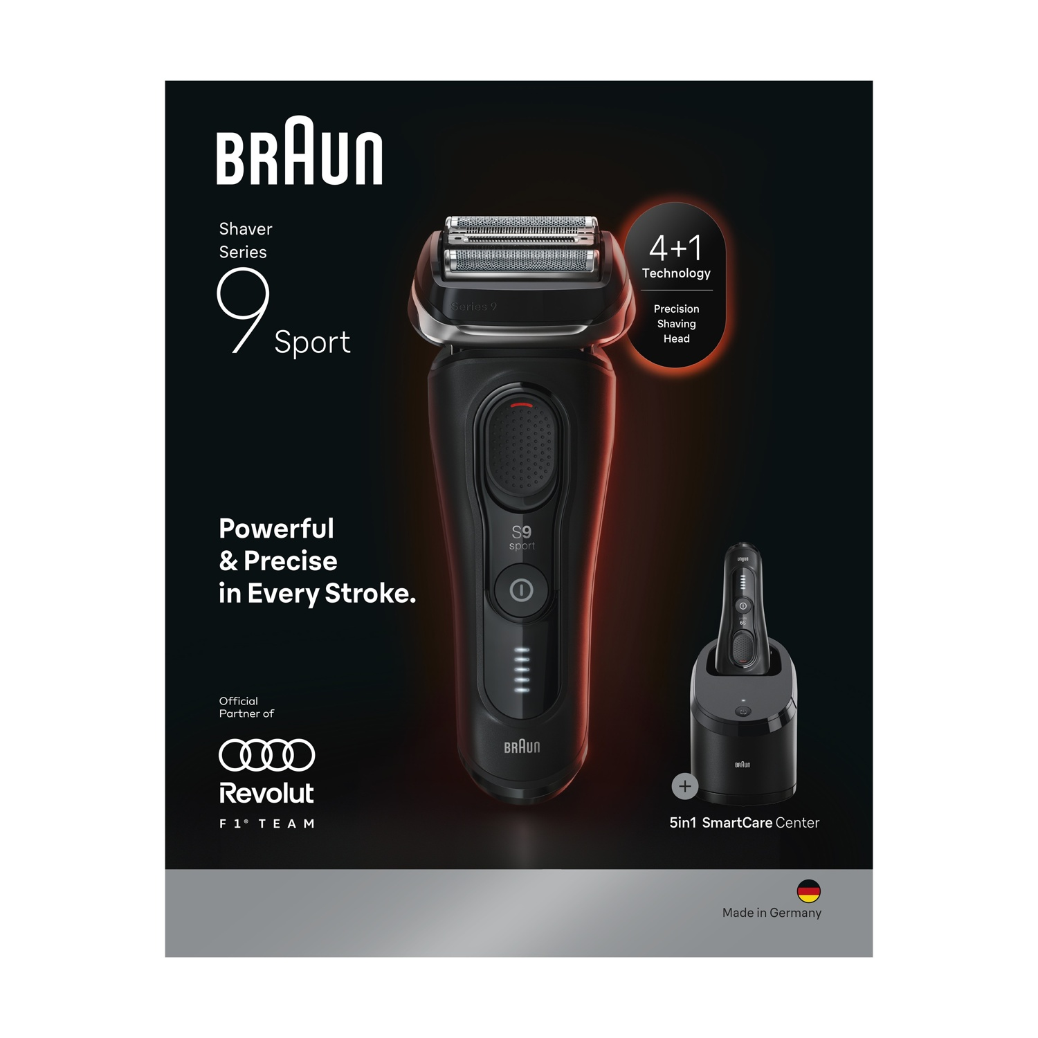 Un rasoio Braun Series 9 Sport nero con tecnologia 4+1 e SmartCare Center.