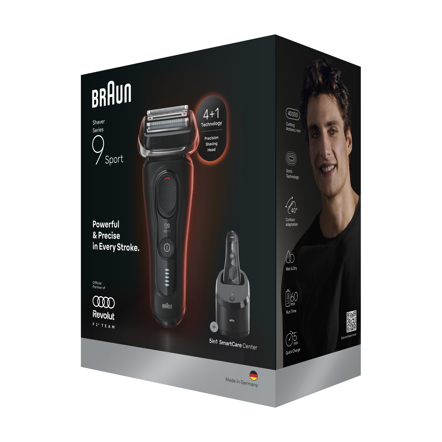 Rasoio Braun Series 9 Sport con stazione di ricarica e pulizia su sfondo scuro.