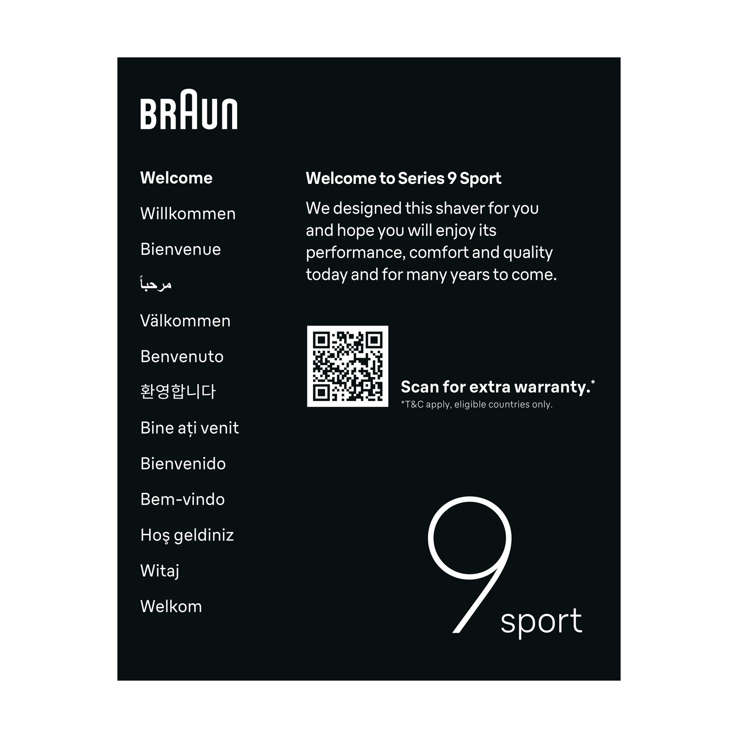 Logo Braun, messaggi di benvenuto multilingue, codice QR, logo 9 Sport.