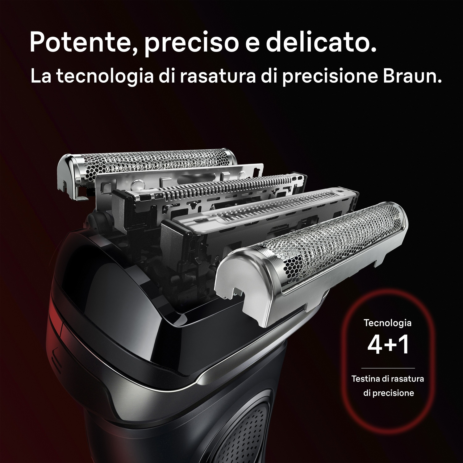 Primo piano di un rasoio Braun nero con testine argentate su sfondo nero.