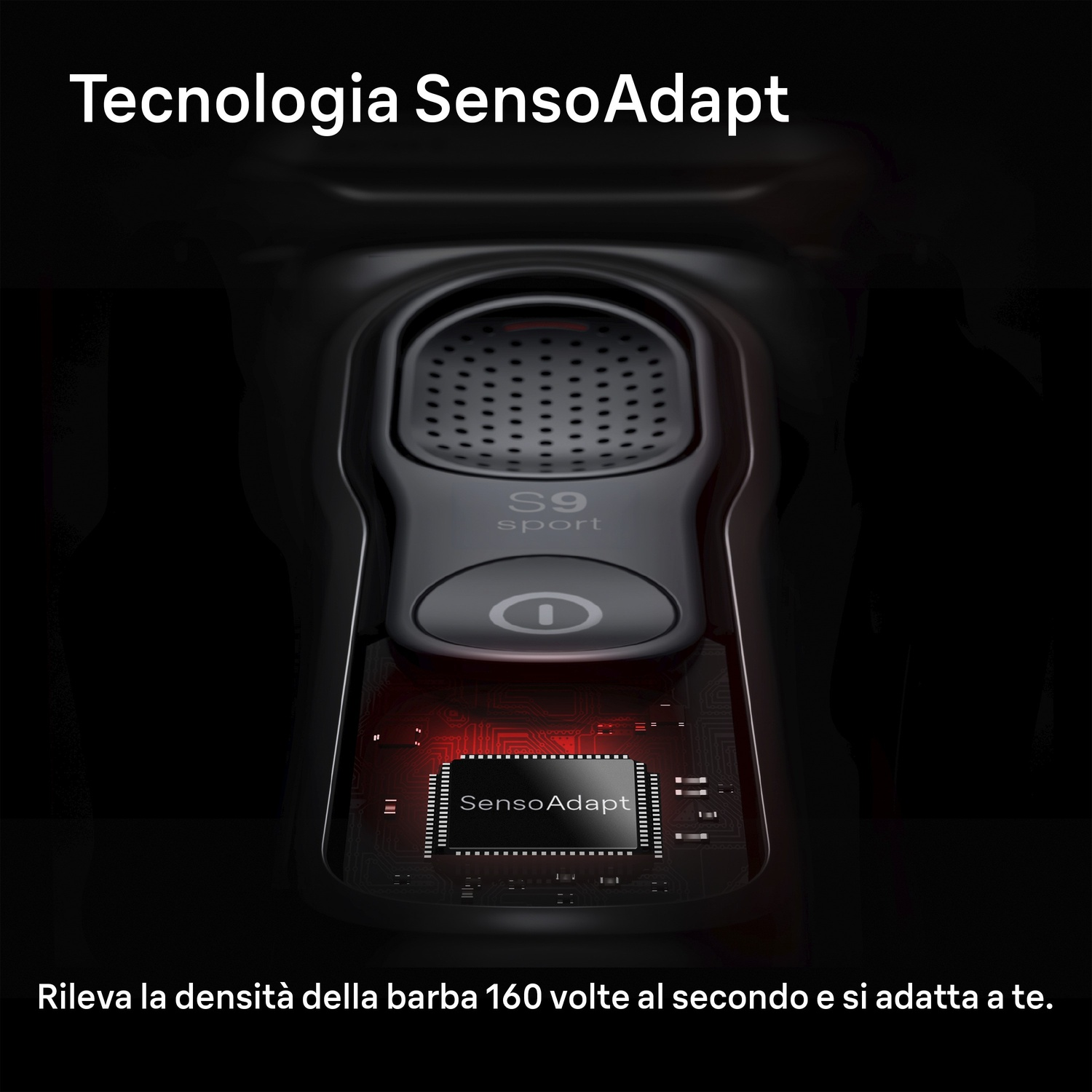 Primo piano di un rasoio con tecnologia SensoAdapt e chip.