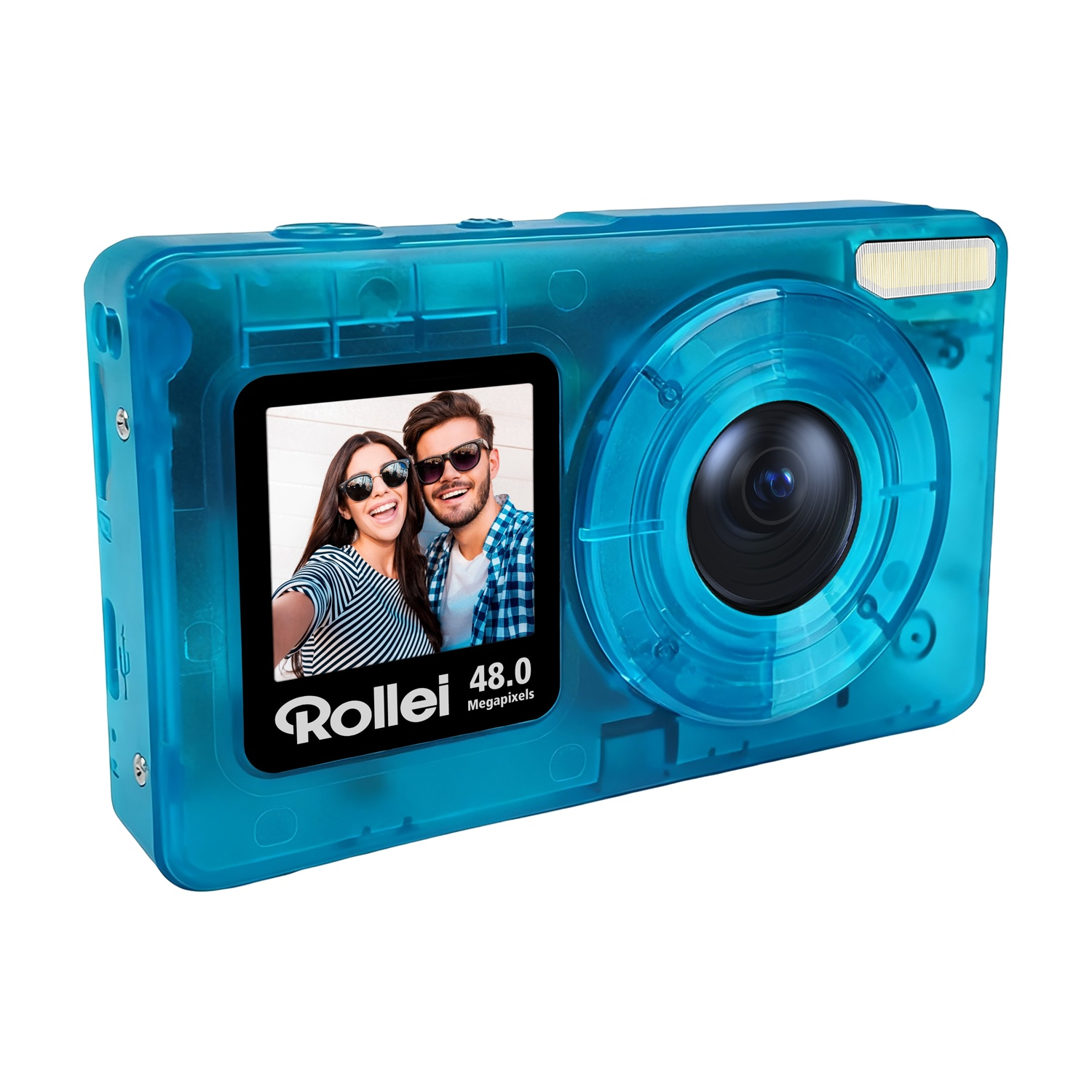 Una fotocamera digitale blu trasparente che mostra un selfie di coppia sul suo schermo.