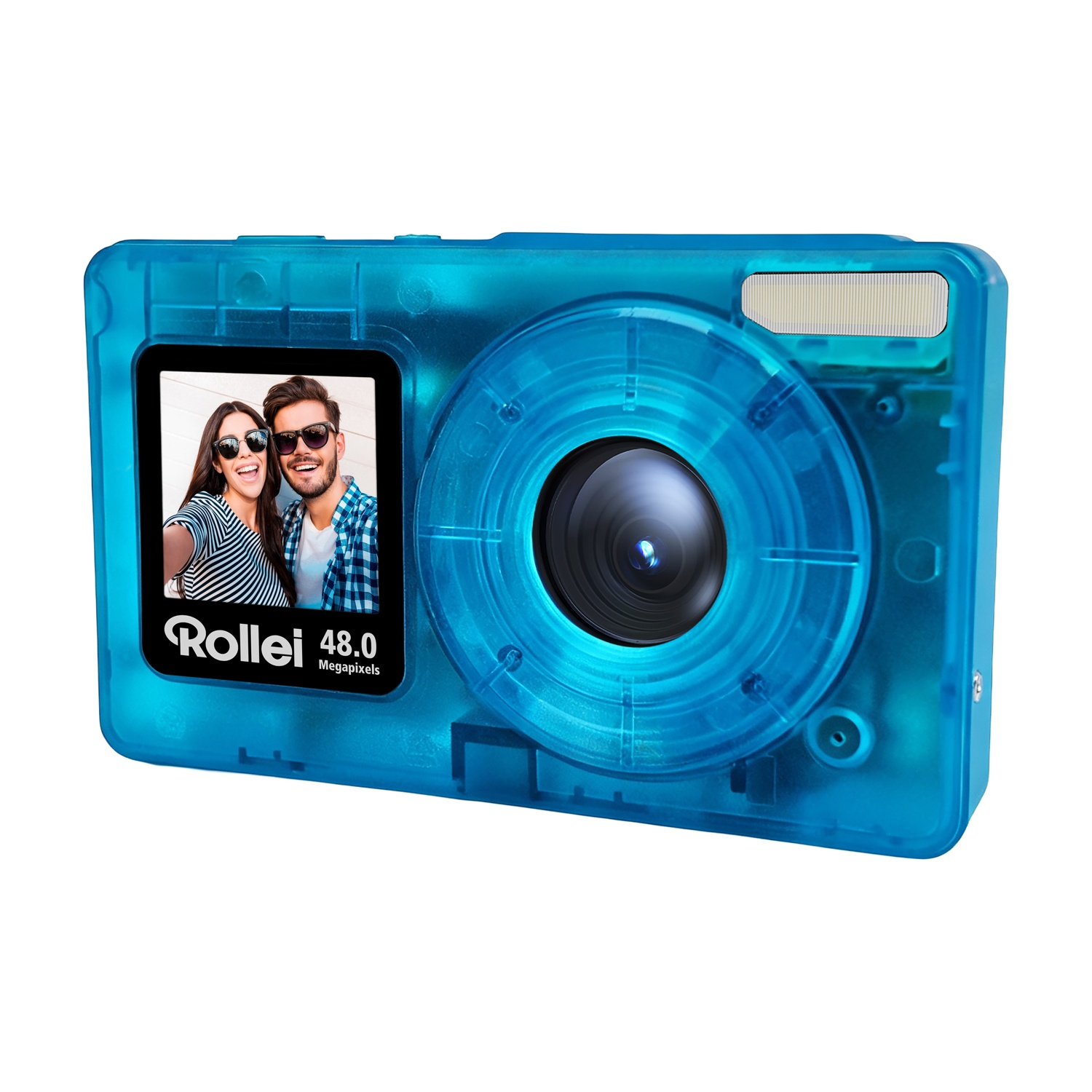 Una fotocamera blu trasparente mostra un selfie di due persone sorridenti con occhiali da sole.