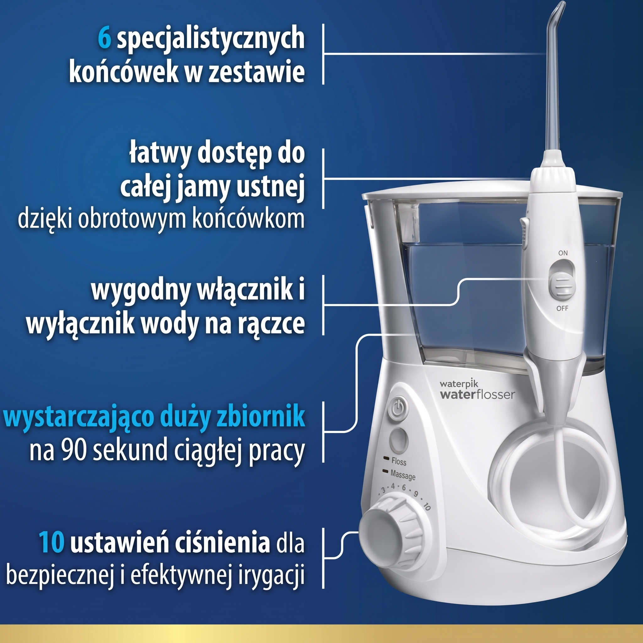 Biały Waterpik Waterflosser z przezroczystym zbiornikiem na wodę i wężem.
