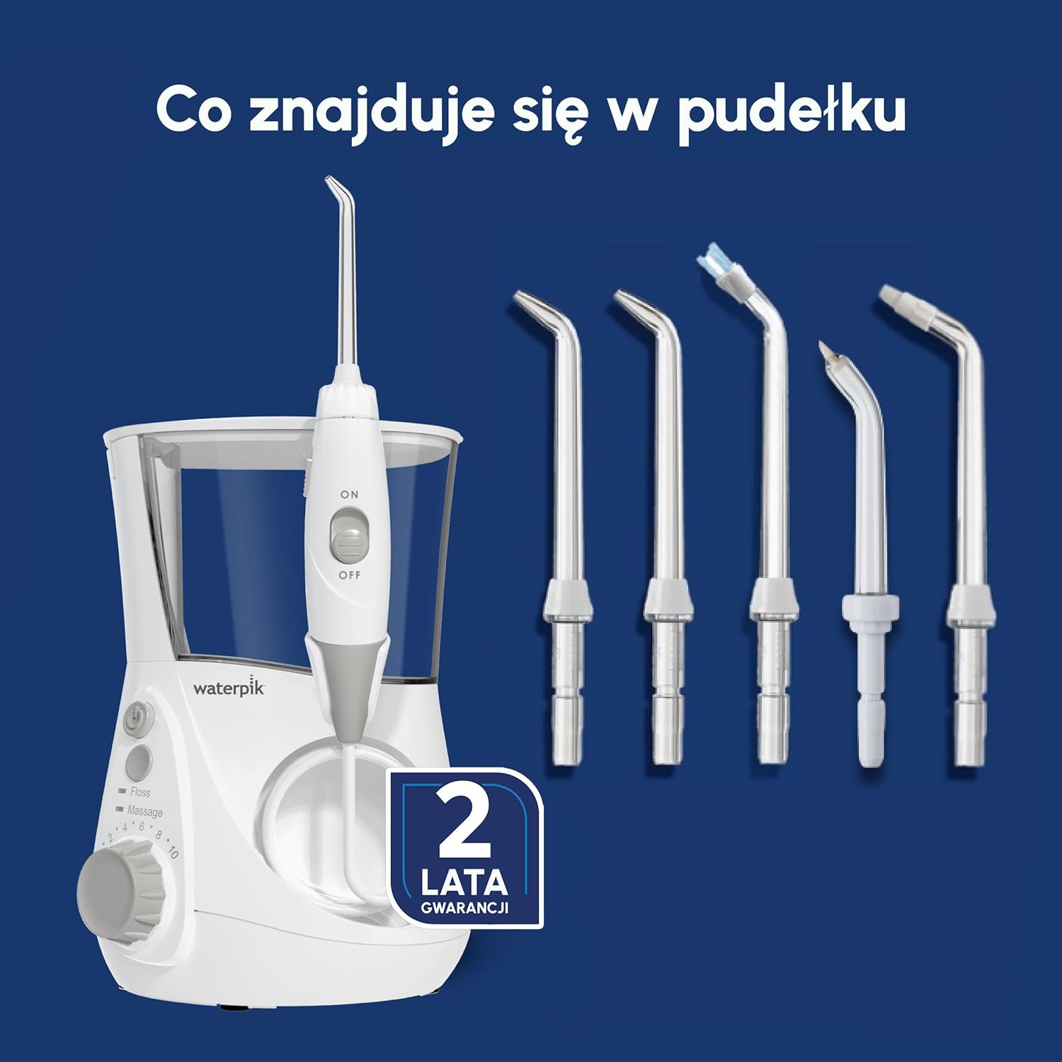 Biały zestaw irygatora Waterpik z końcówkami i symbolem 2-letniej gwarancji.