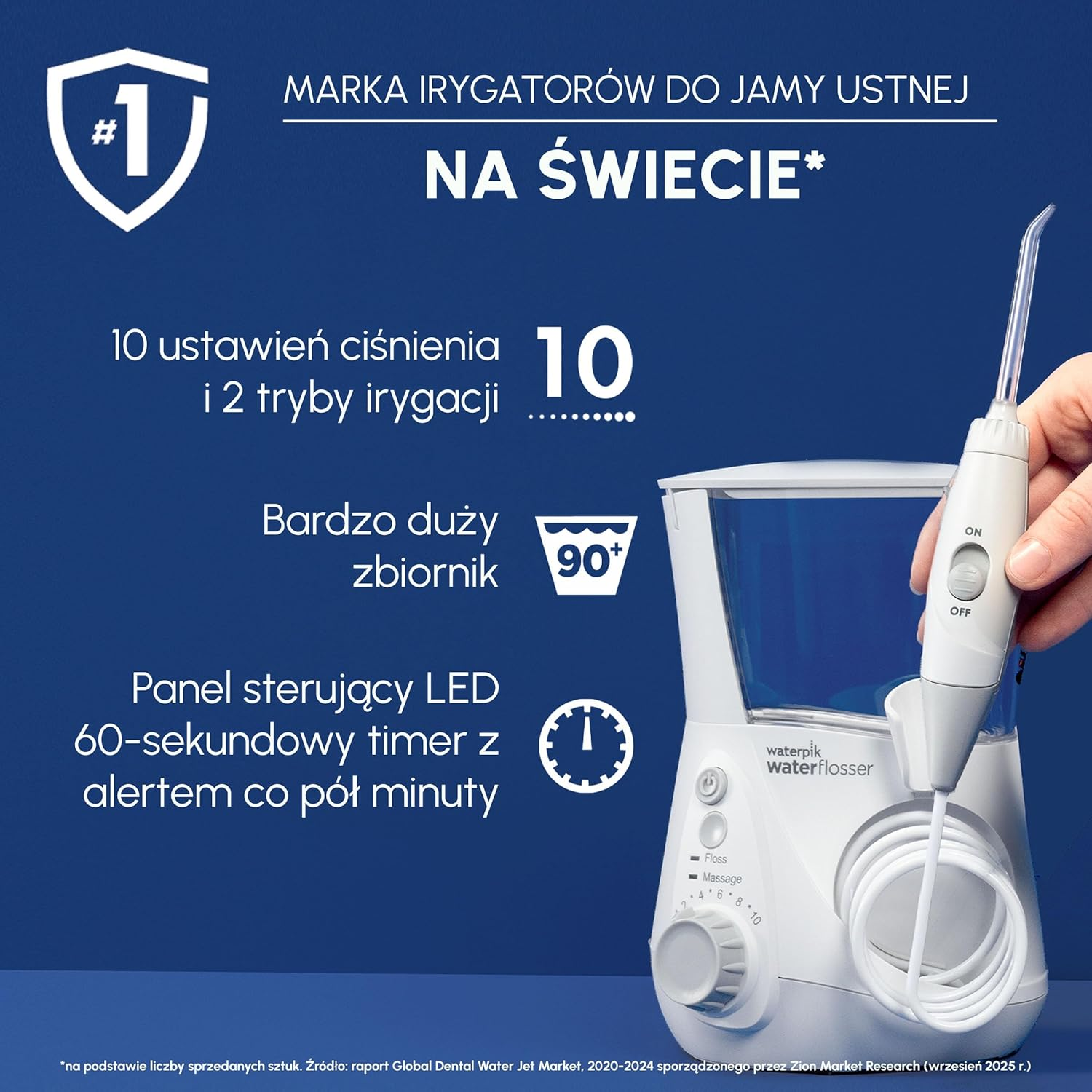 Biały irygator Waterpik z niebieskim zbiornikiem na wodę i rączką.