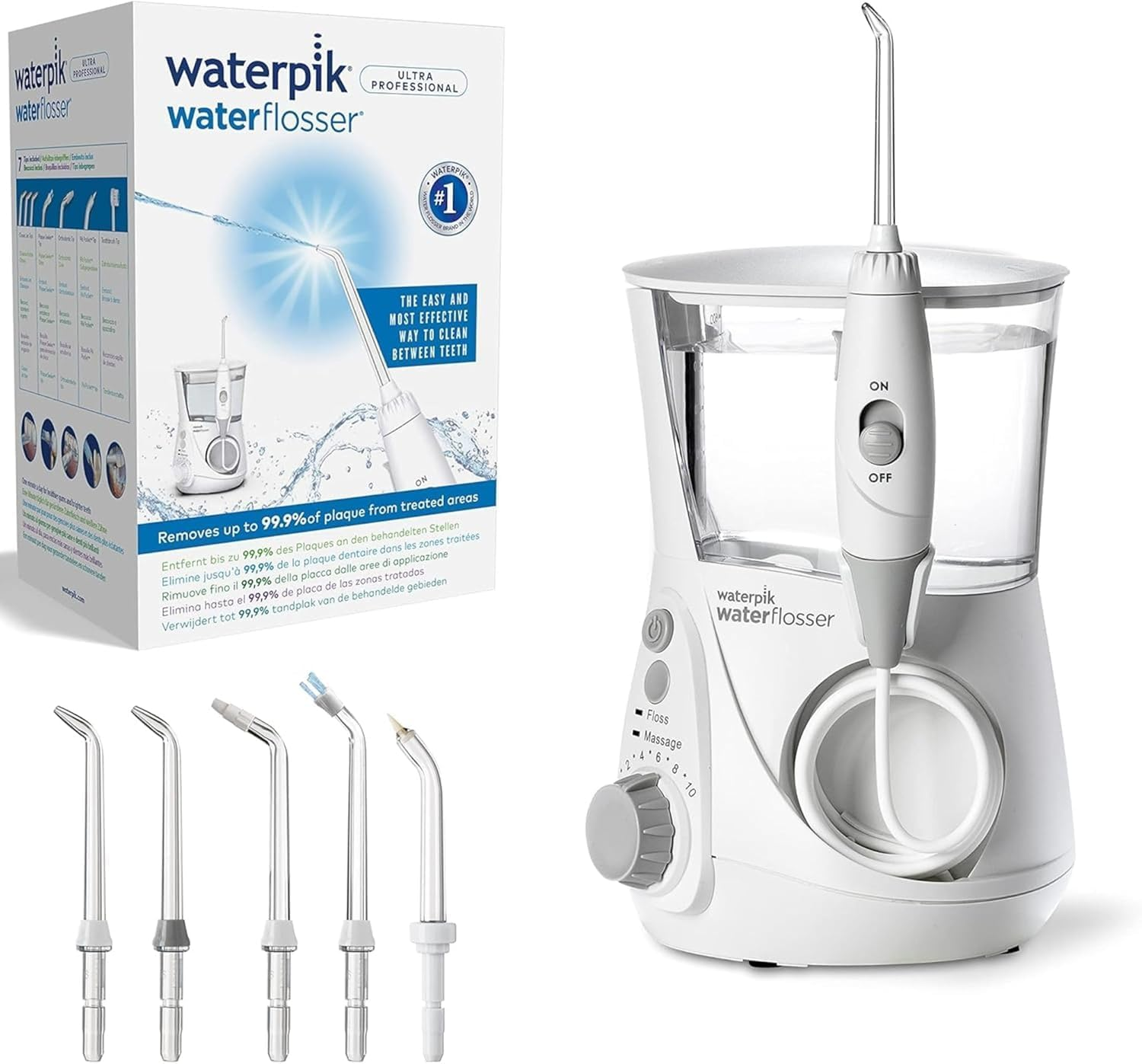 Biały Waterpik Waterflosser ze zbiornikiem, wężem i końcówkami.
