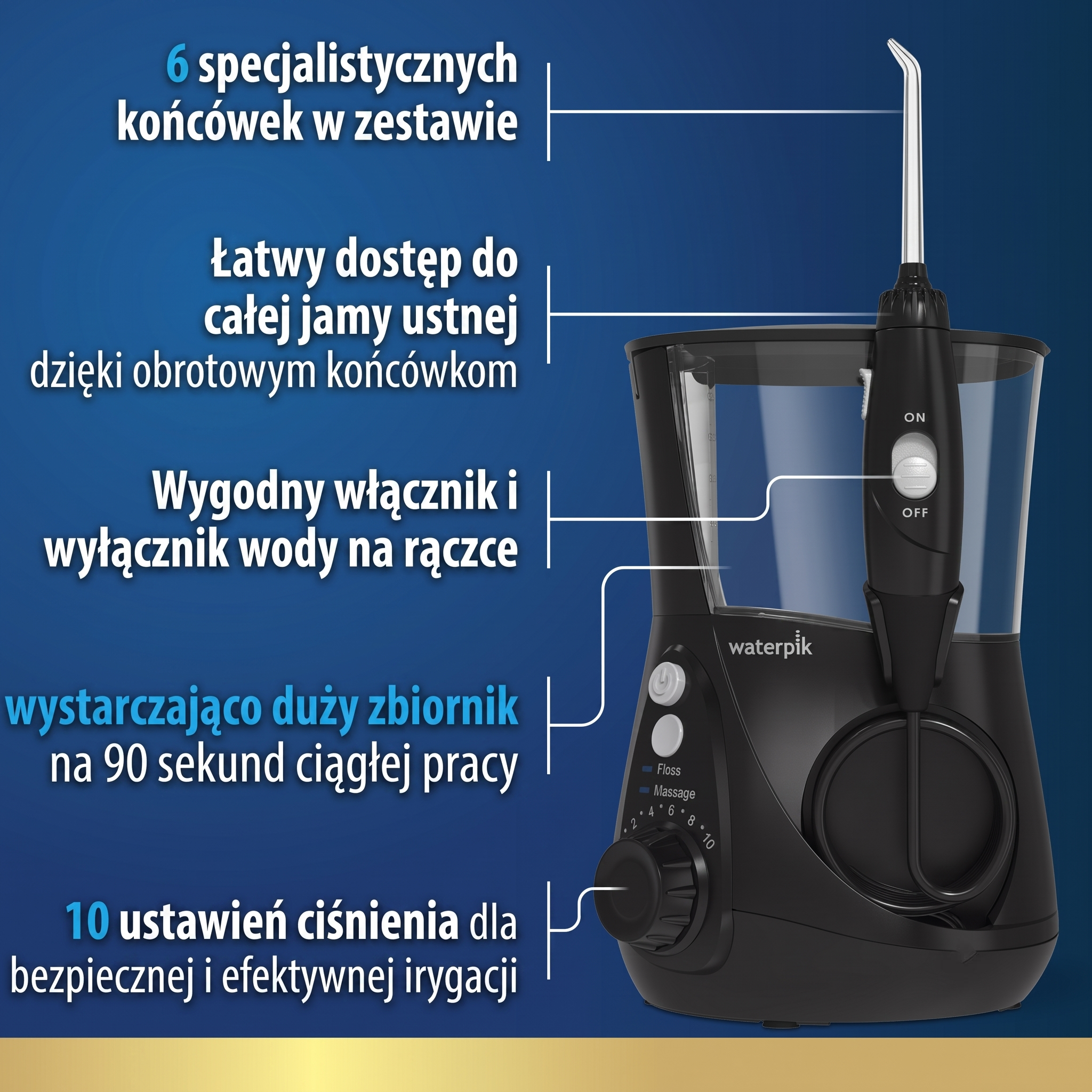 Czarna irygator wodny Waterpik z wieloma funkcjami i polskim tekstem.