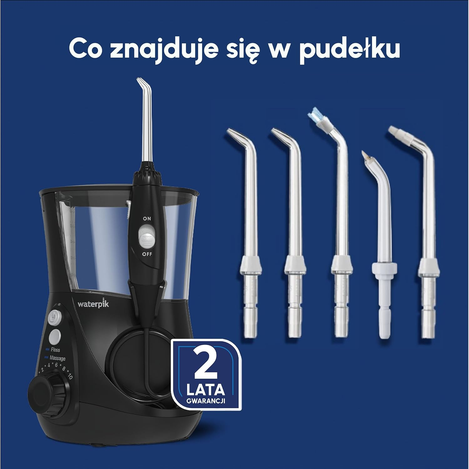 Czarna irygator wodny Waterpik z 5 końcówkami i 2-letnią gwarancją.