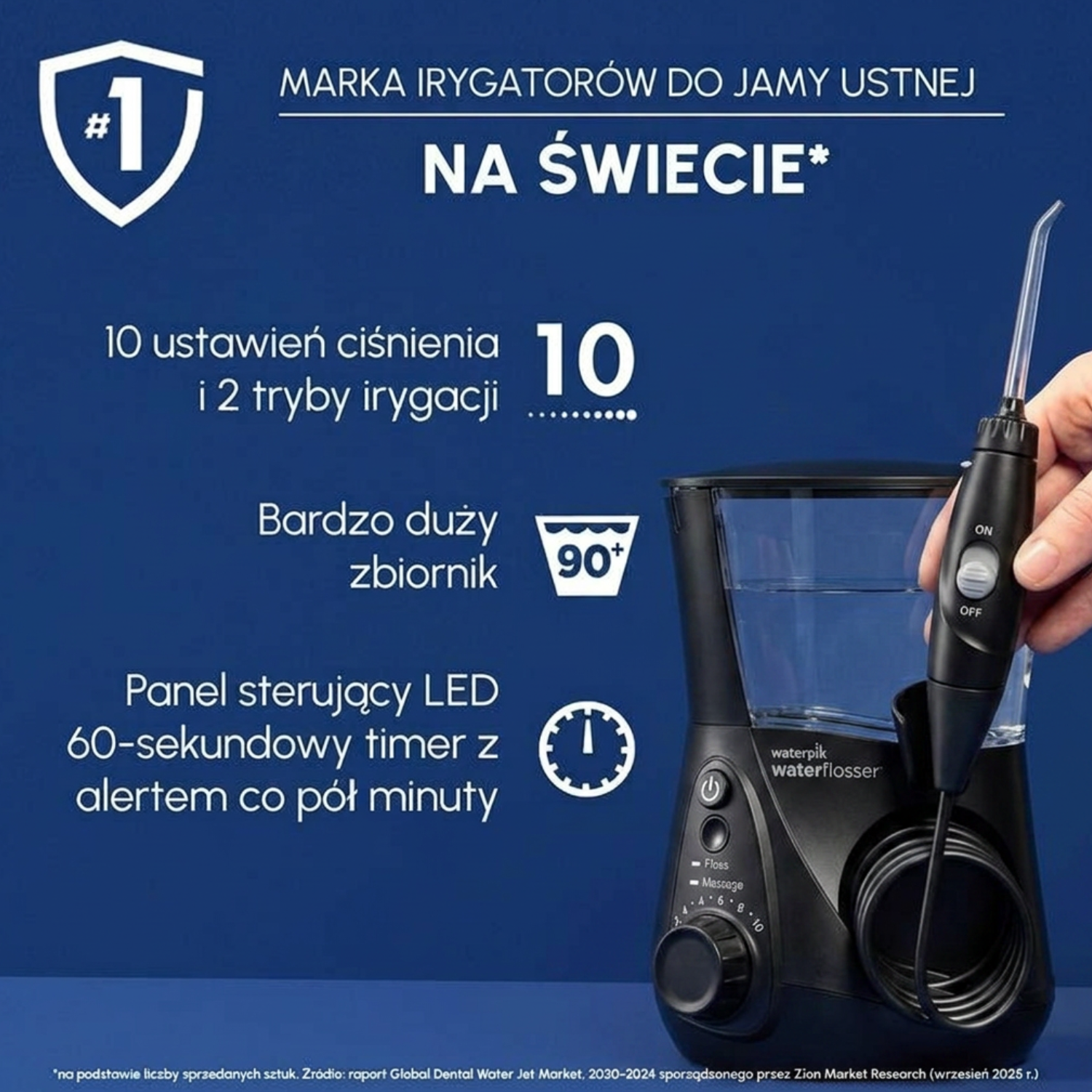 Czarny irygator Waterpik z trzymaną rączką. Marka nr 1.