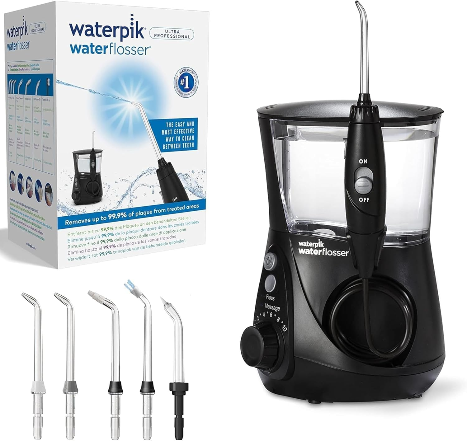 Zestaw irygatora wodnego Waterpik z jednostką główną, rączką, końcówkami i opakowaniem.