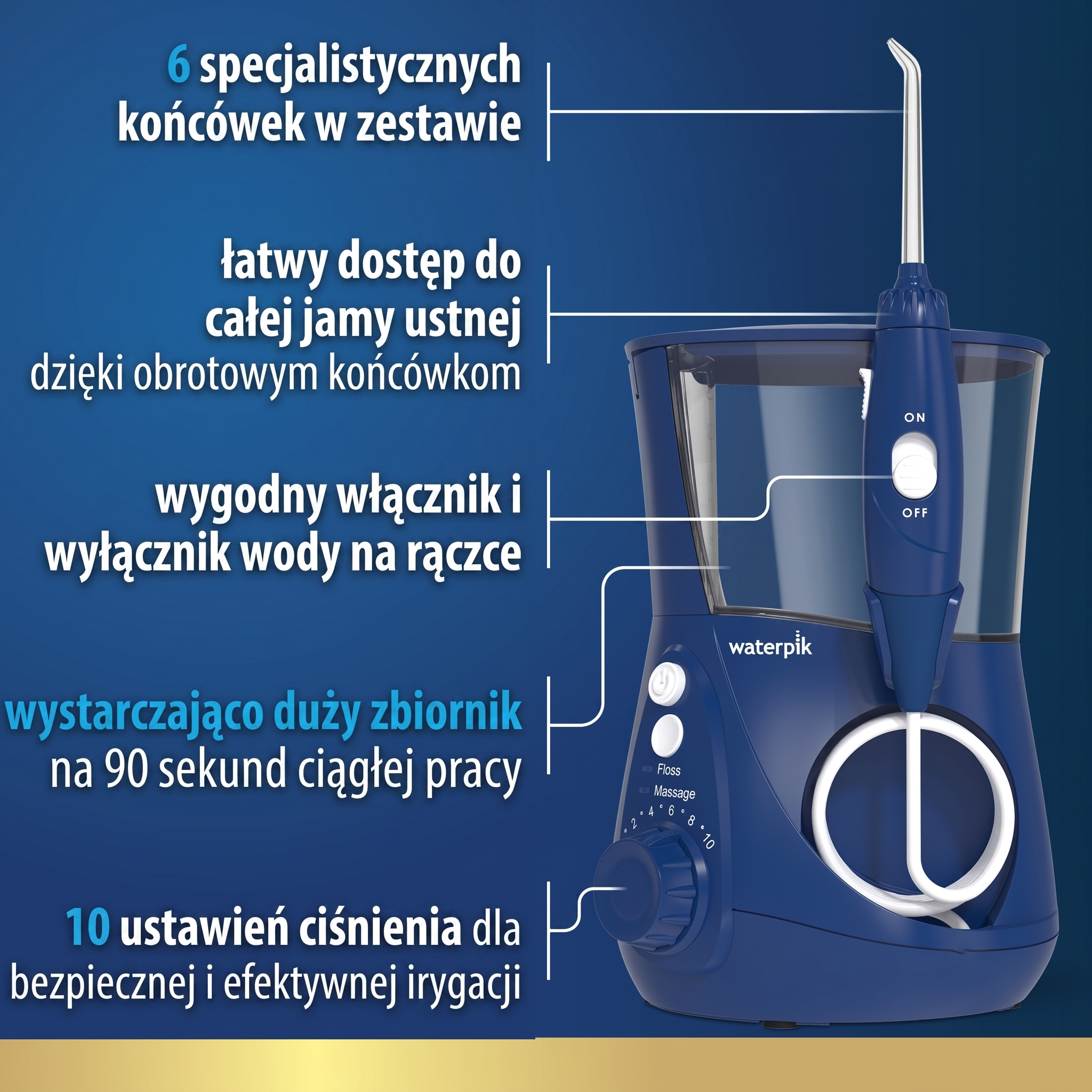 Niebieska irygator Waterpik z końcówkami i elementami sterującymi. 6 końcówek.