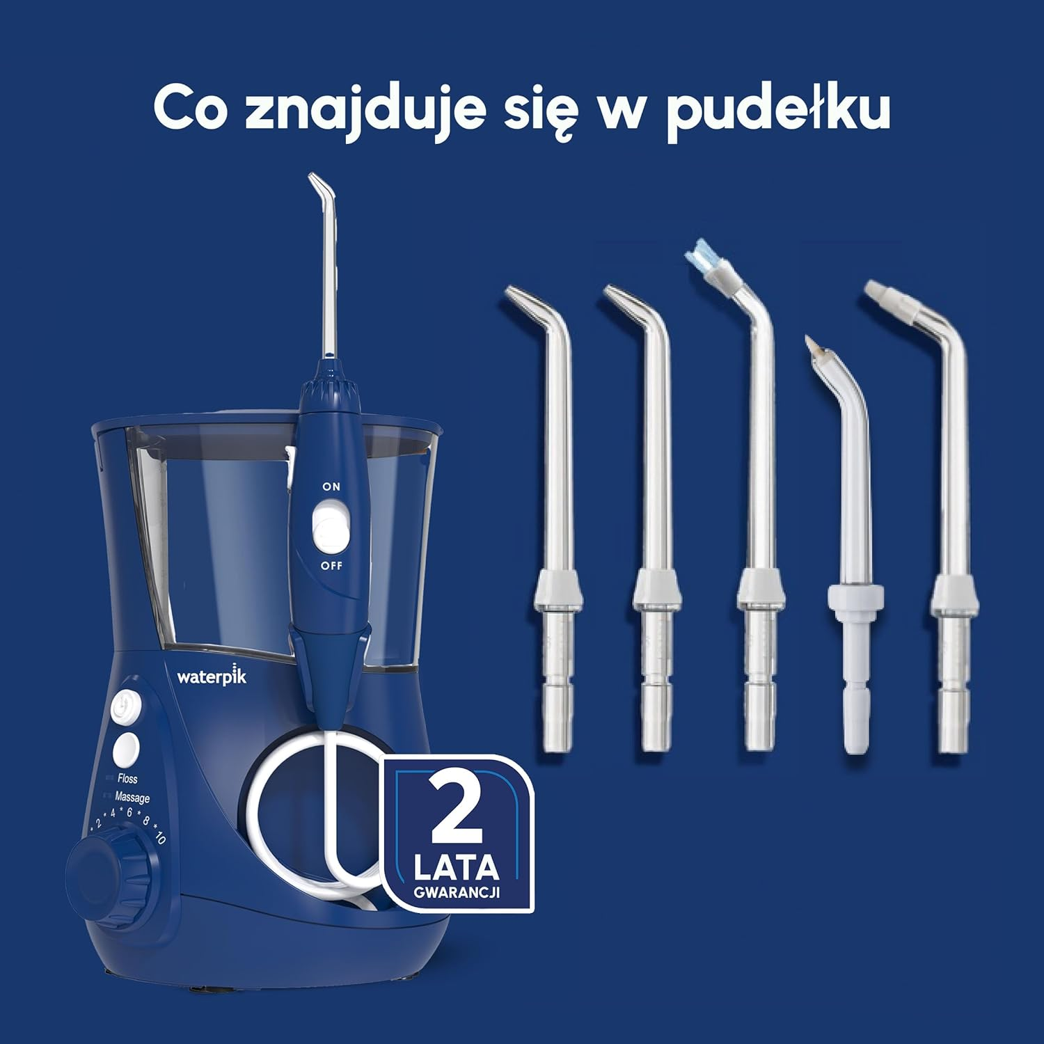 Niebieska irygator Waterpik z zapasowymi końcówkami i 2-letnią gwarancją.