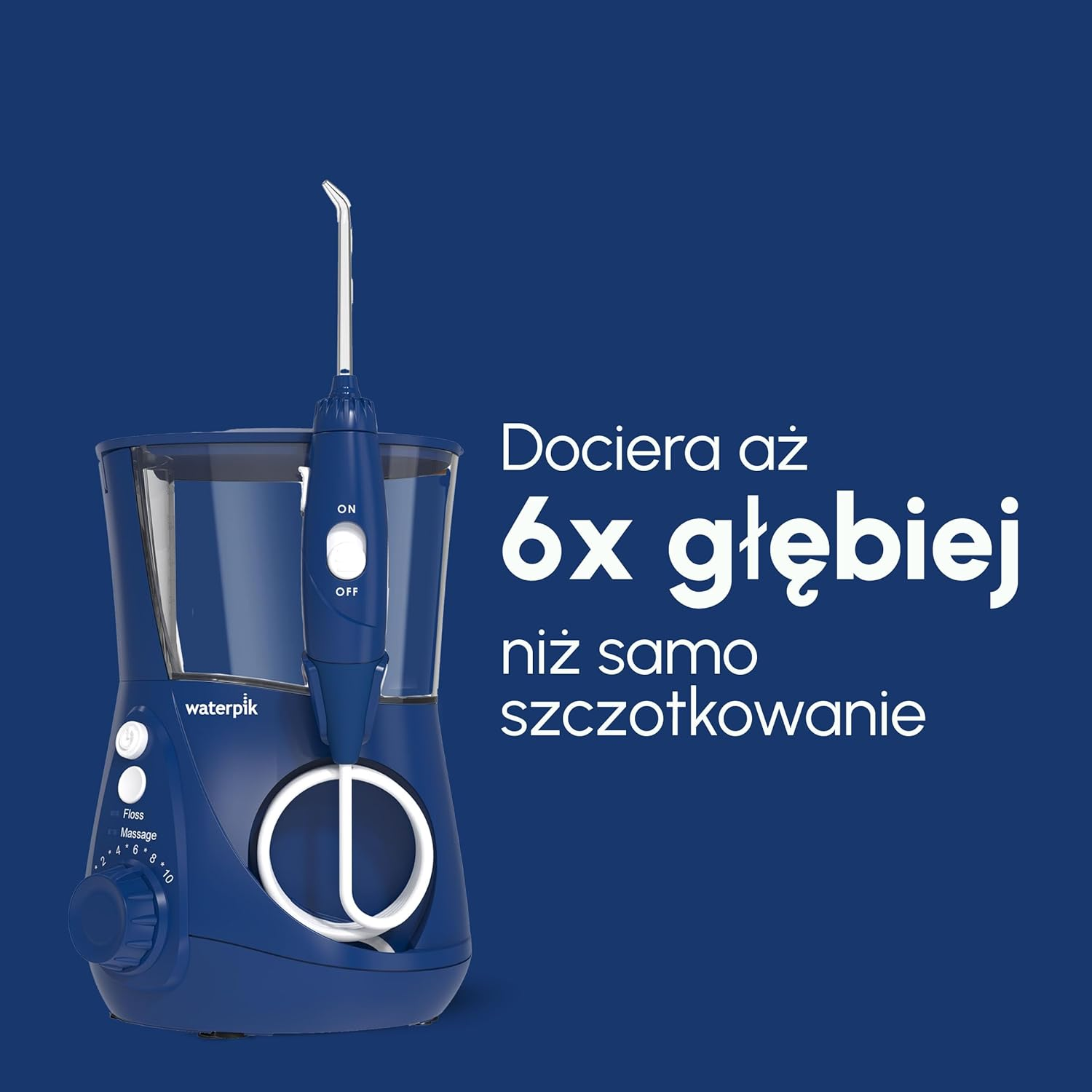 Niebieska irygator wodny Waterpik z tekstem po polsku.