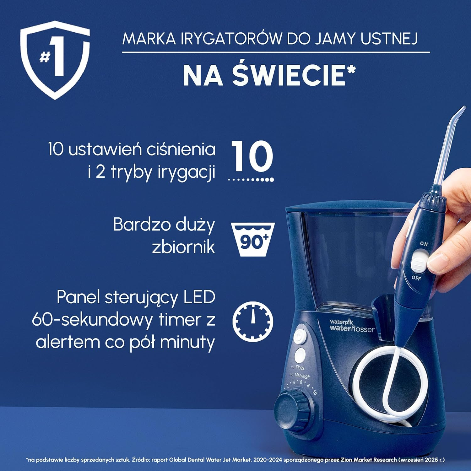 Niebieska irygator elektryczny z pojemnikiem i rączką, pokazujący cechy produktu.